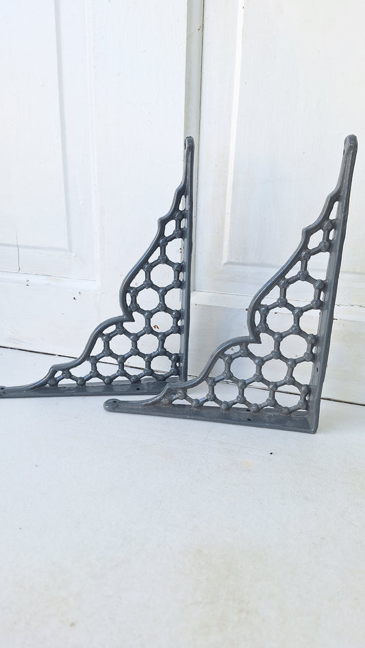8 x 10 Antique Cast Iron Shelf Brackets, Floral Design Victorian Shelf Supports