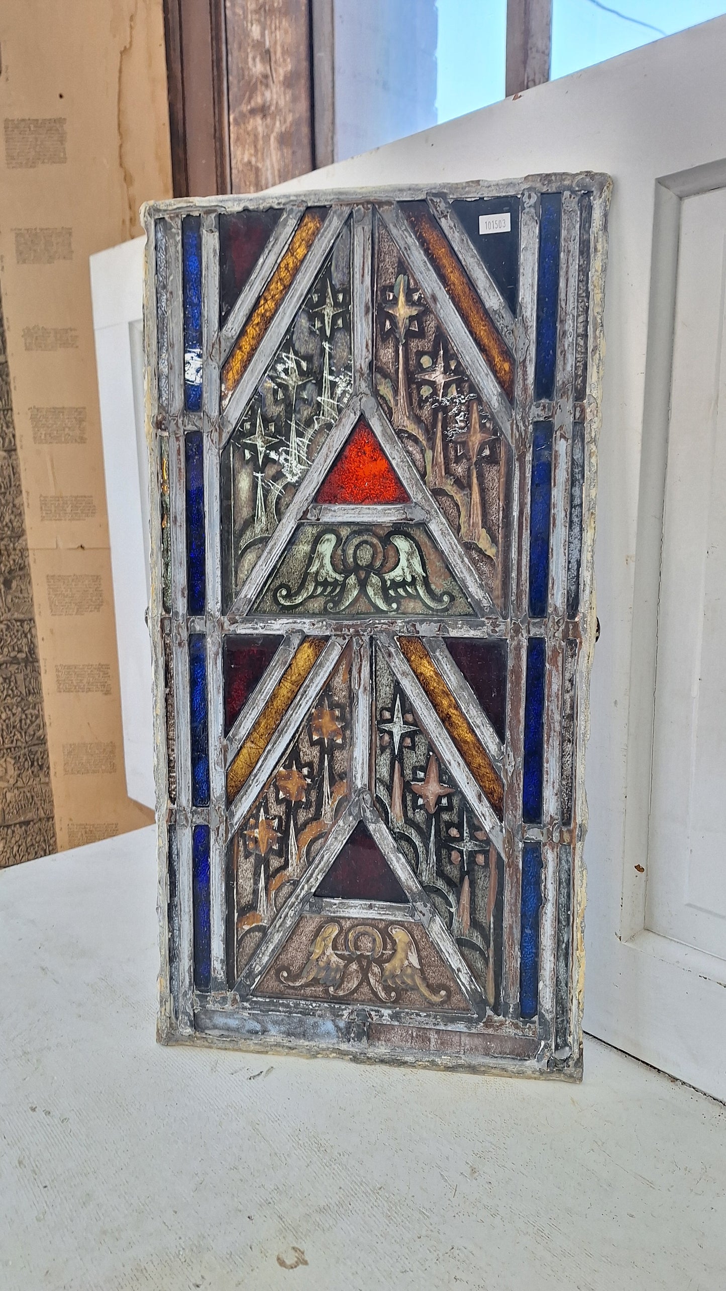 Painted Angel and Star Design Antique Stained Glass, Vintage Church Window