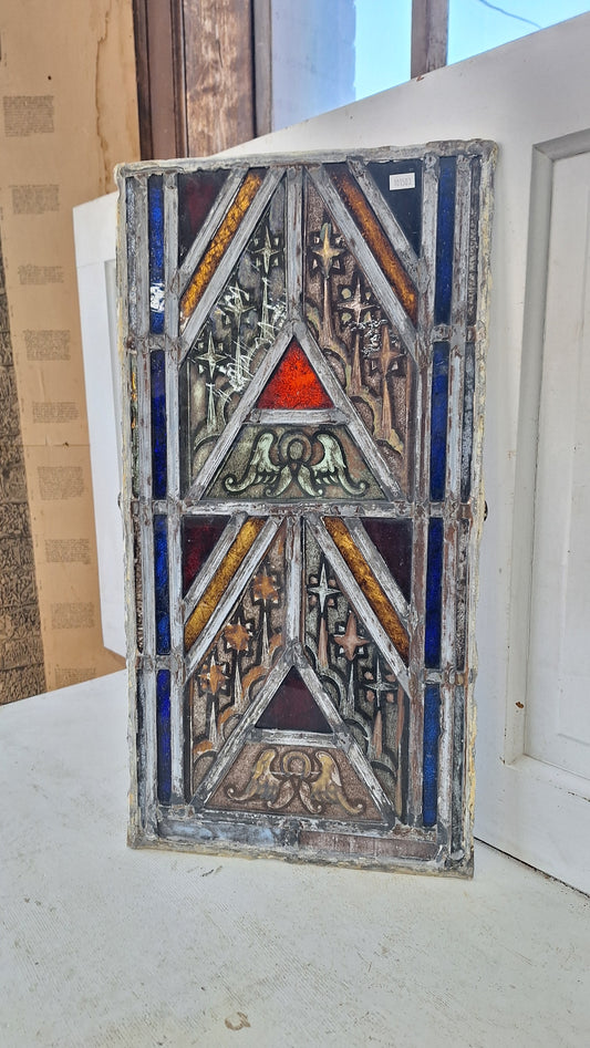 Painted Angel and Star Design Antique Stained Glass, Vintage Church Window
