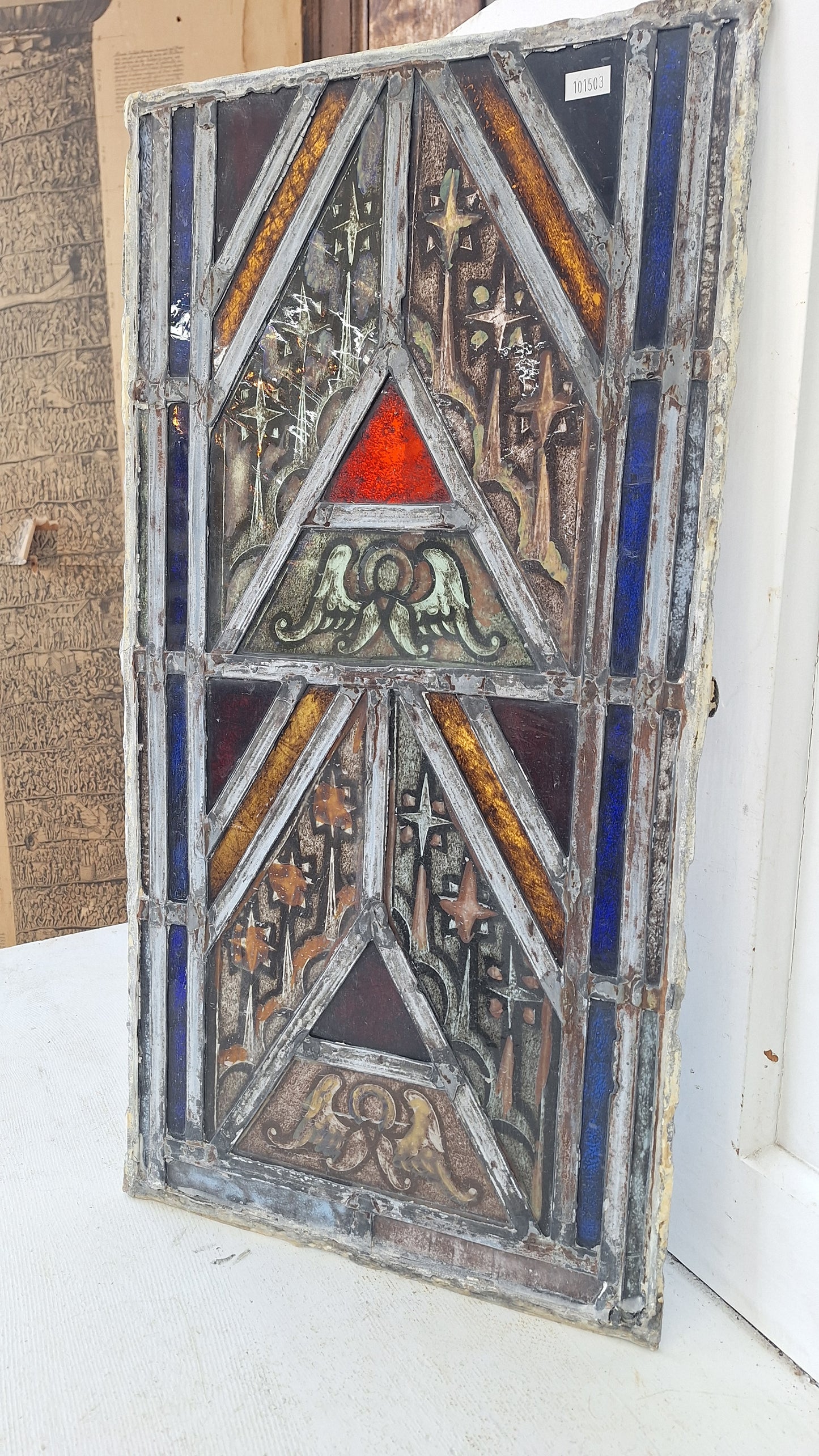 Painted Angel and Star Design Antique Stained Glass, Vintage Church Window