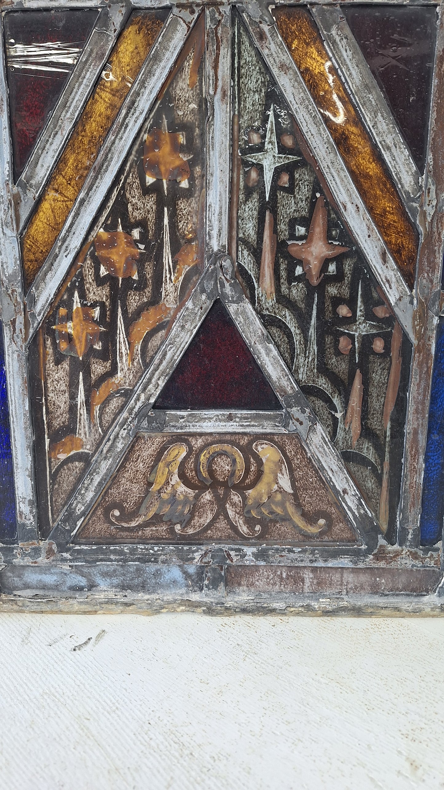 Painted Angel and Star Design Antique Stained Glass, Vintage Church Window