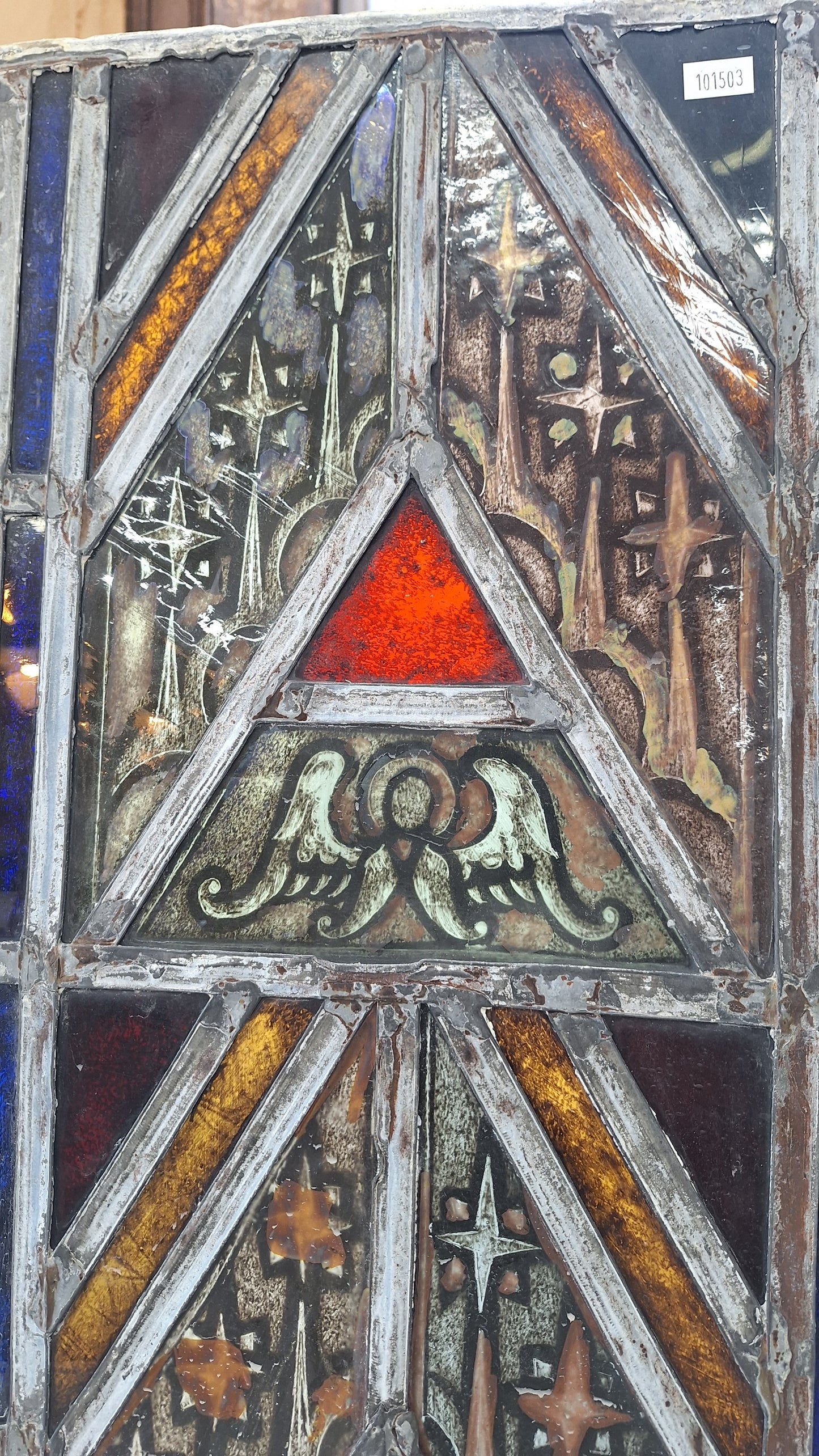 Painted Angel and Star Design Antique Stained Glass, Vintage Church Window