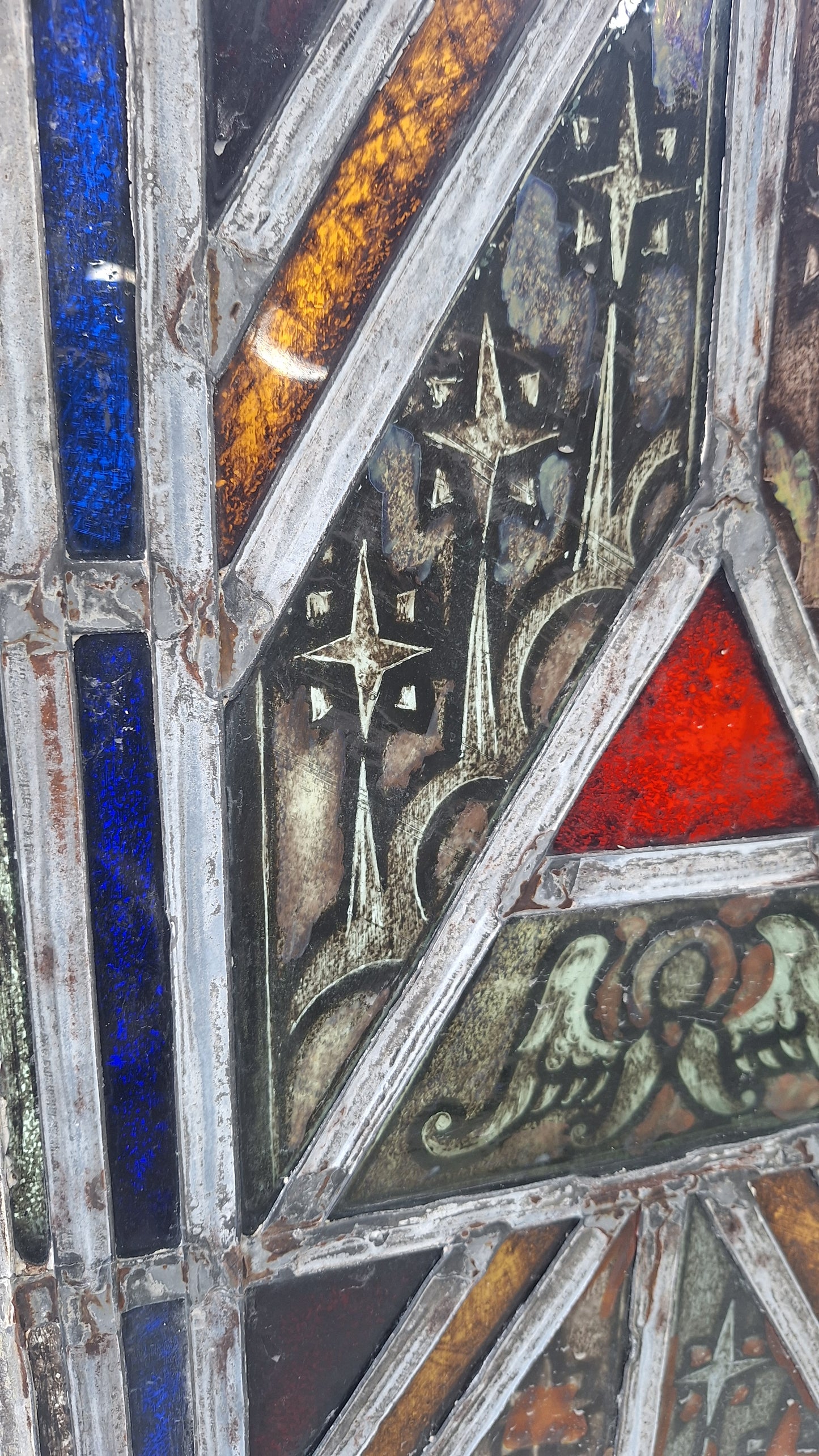 Painted Angel and Star Design Antique Stained Glass, Vintage Church Window