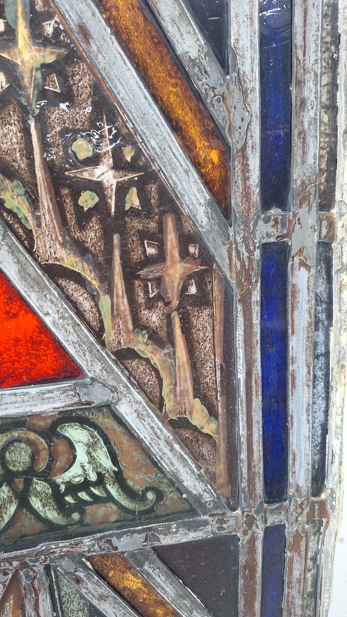 Painted Angel and Star Design Antique Stained Glass, Vintage Church Window