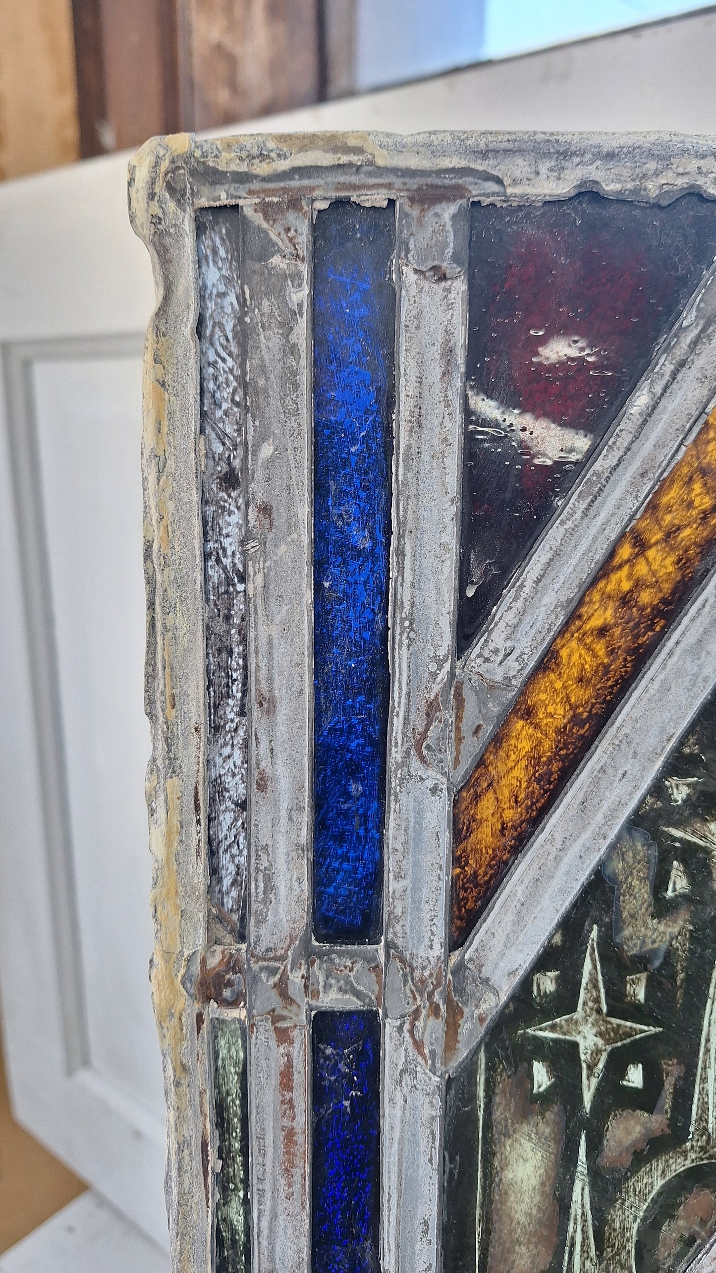 Painted Angel and Star Design Antique Stained Glass, Vintage Church Window