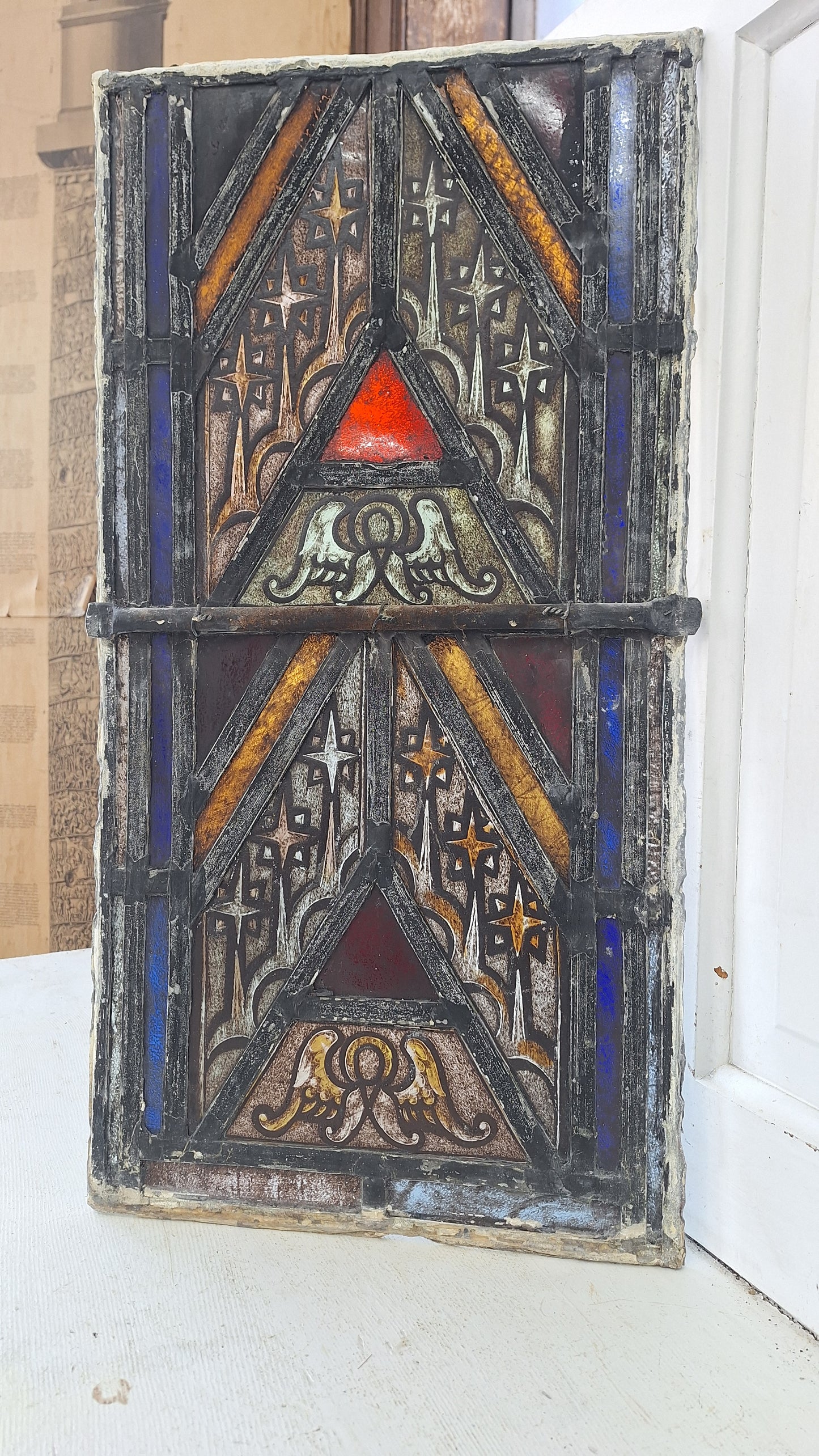 Painted Angel and Star Design Antique Stained Glass, Vintage Church Window