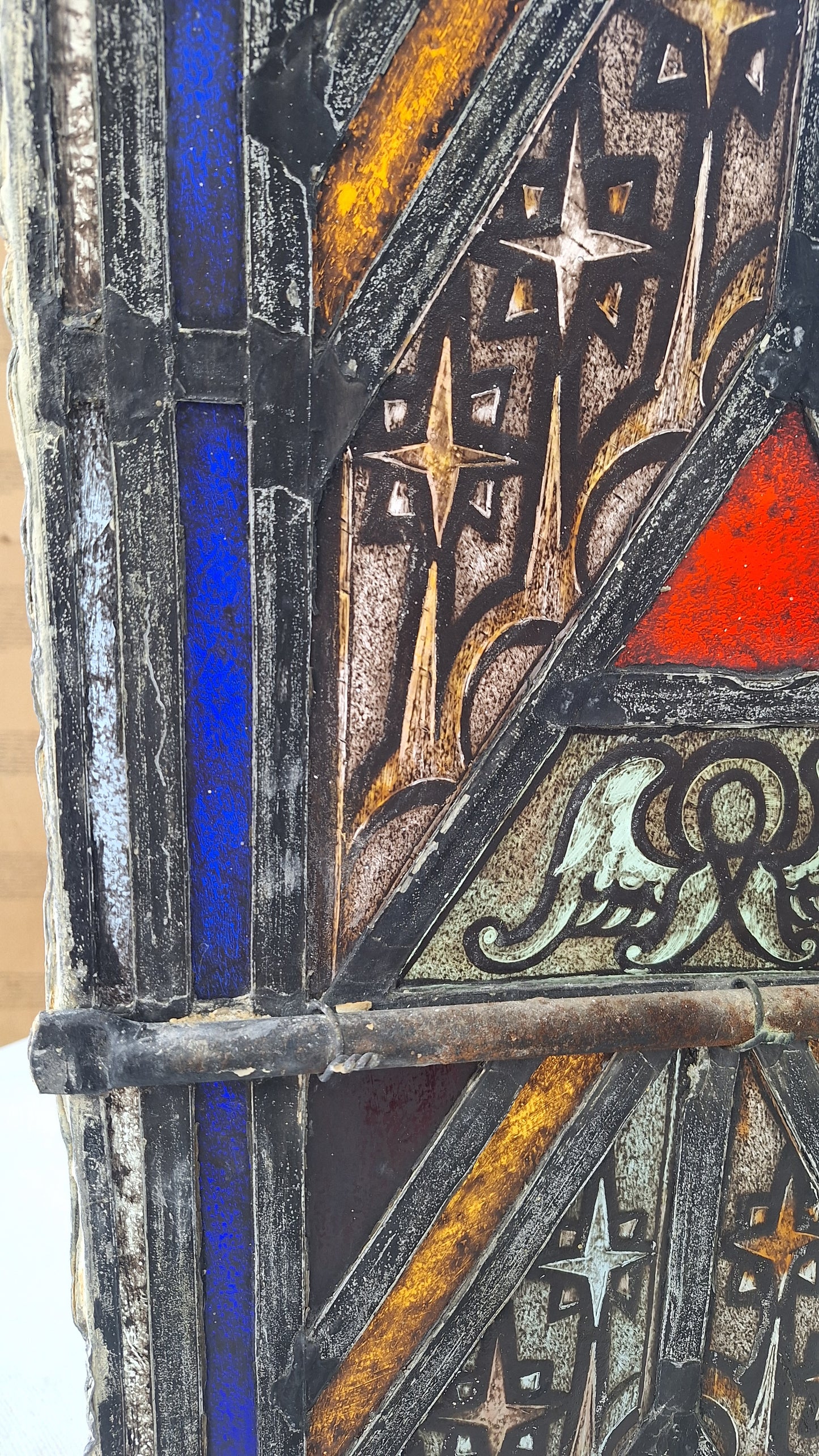 Painted Angel and Star Design Antique Stained Glass, Vintage Church Window