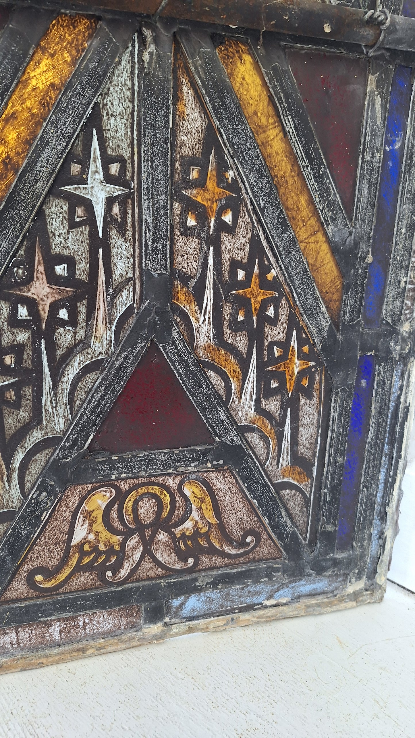 Painted Angel and Star Design Antique Stained Glass, Vintage Church Window