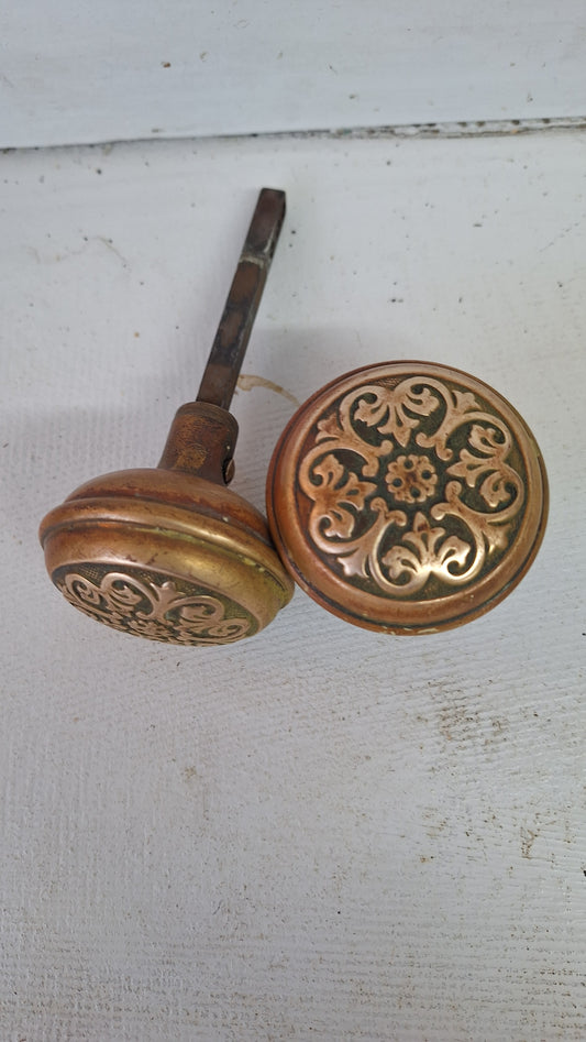 Wrought Bronze Doorknob Set, Antique Stamped Design Door Knob Pair