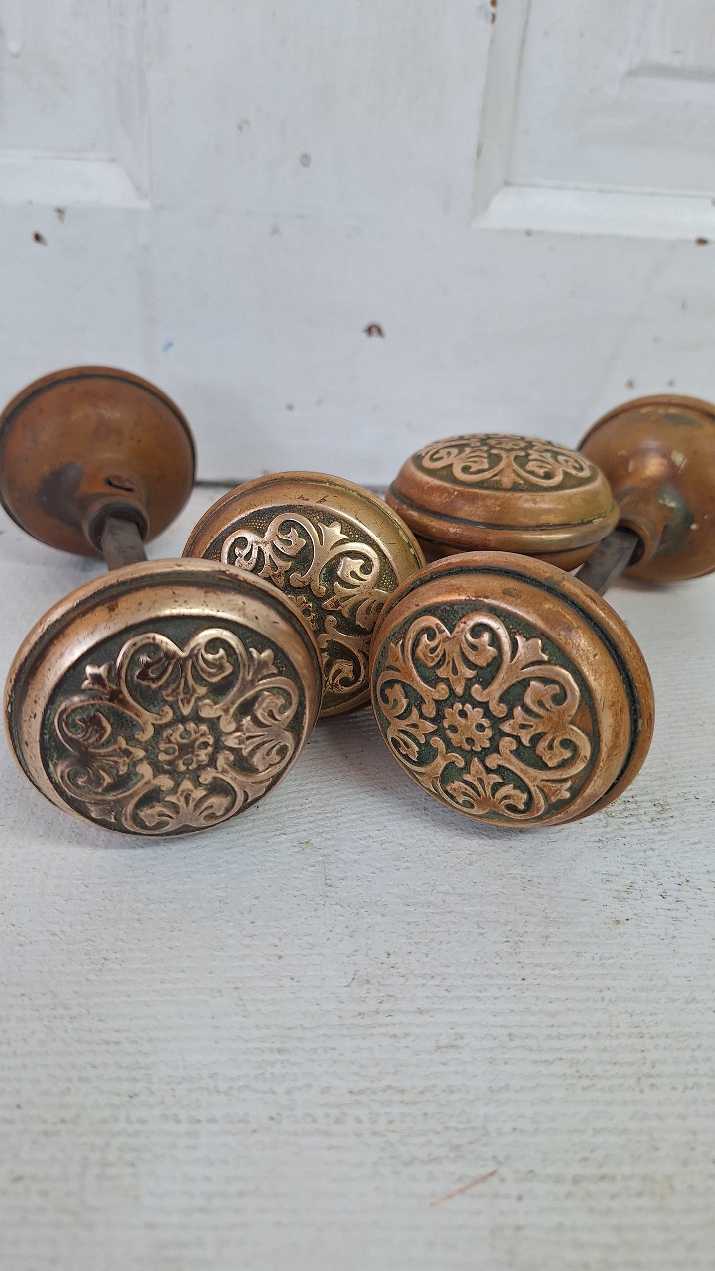 Wrought Bronze Doorknob Set, Antique Stamped Design Door Knob Pair