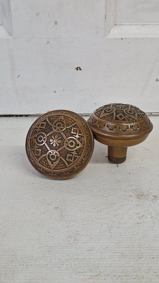 Pair of Wrought Bronze Norwalk Doorknobs, Two Ornate Bronze Doorknobs
