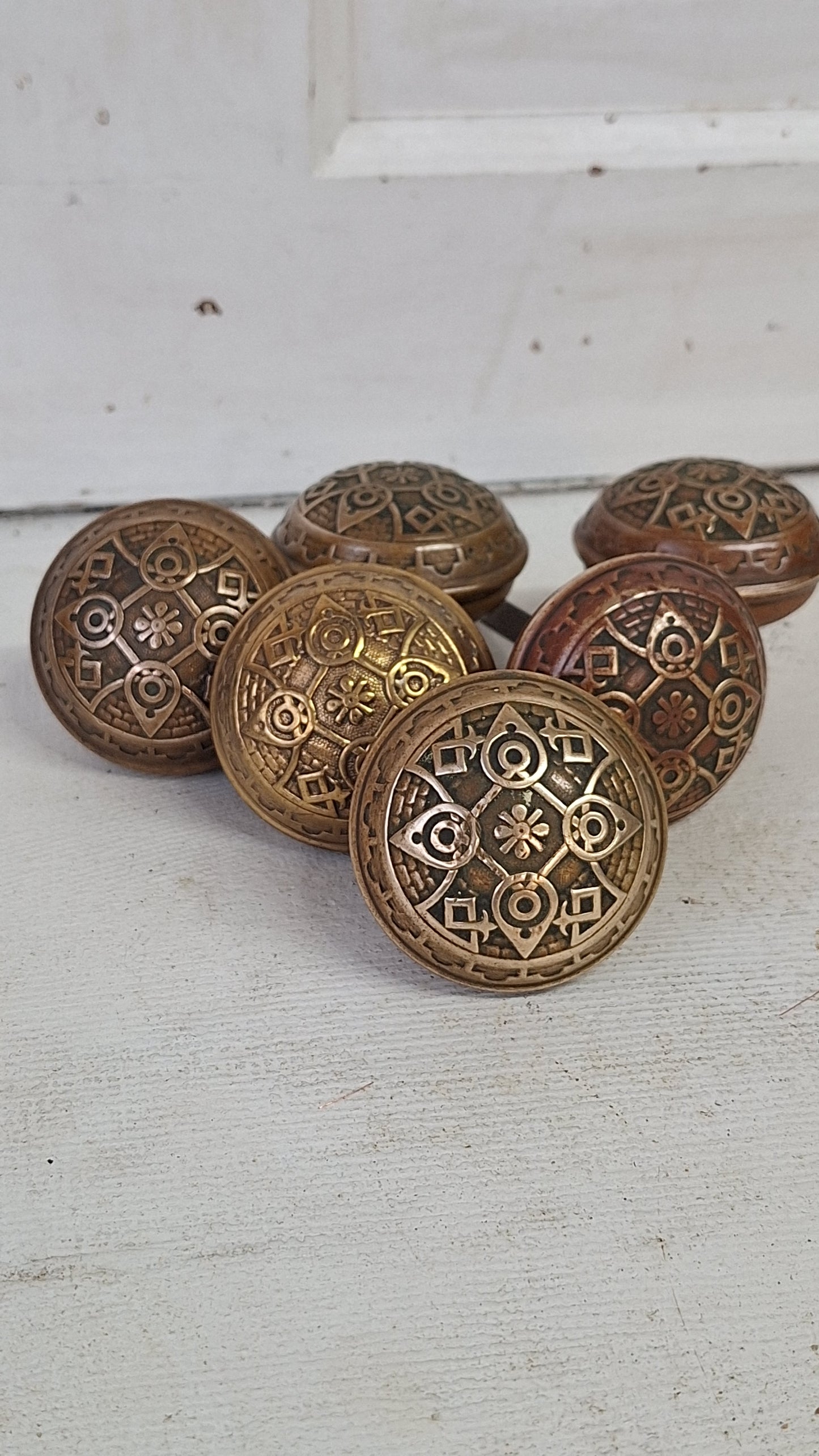Pair of Wrought Bronze Norwalk Doorknobs, Two Ornate Bronze Doorknobs