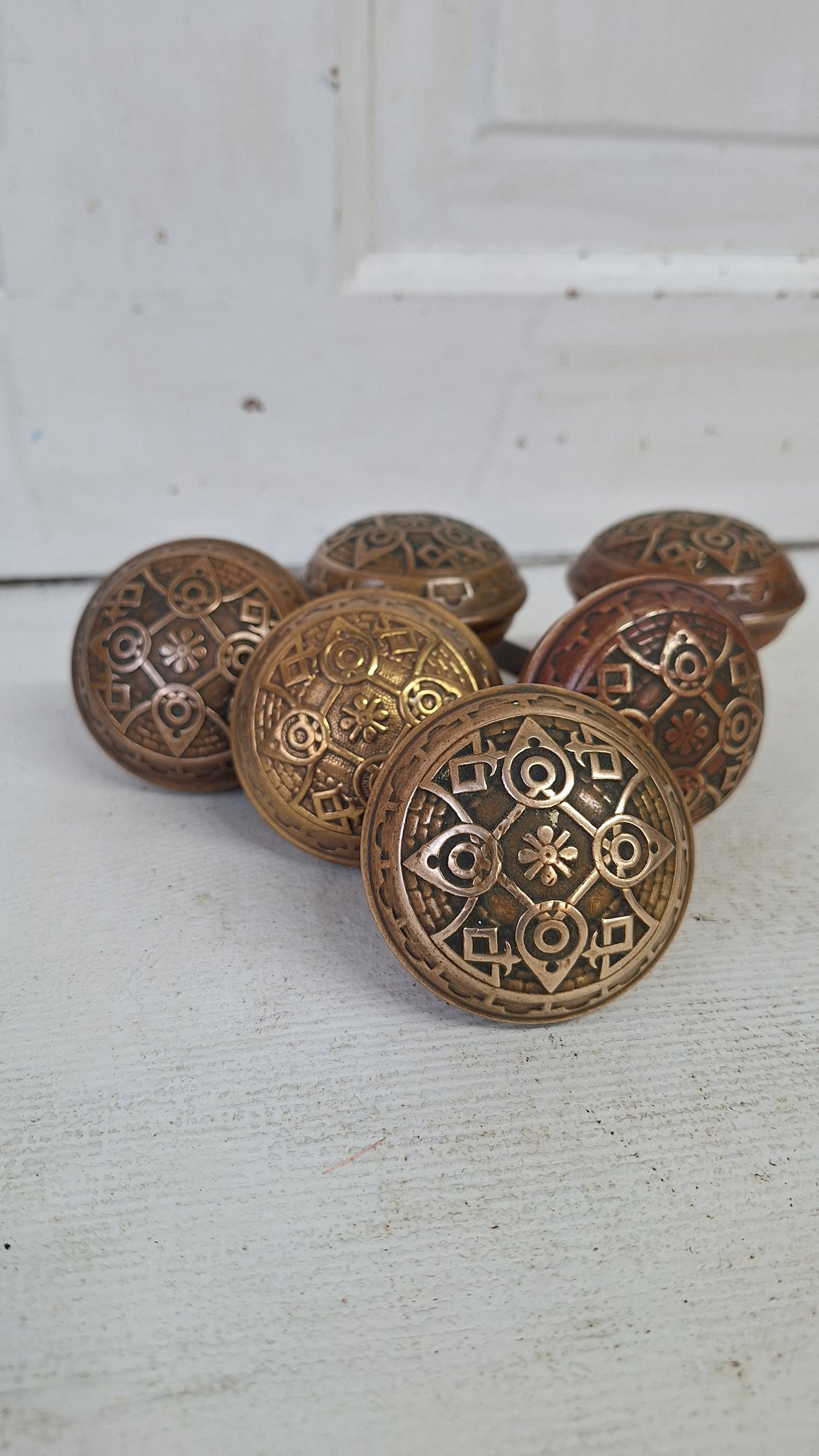 Pair of Wrought Bronze Norwalk Doorknobs, Two Ornate Bronze Doorknobs