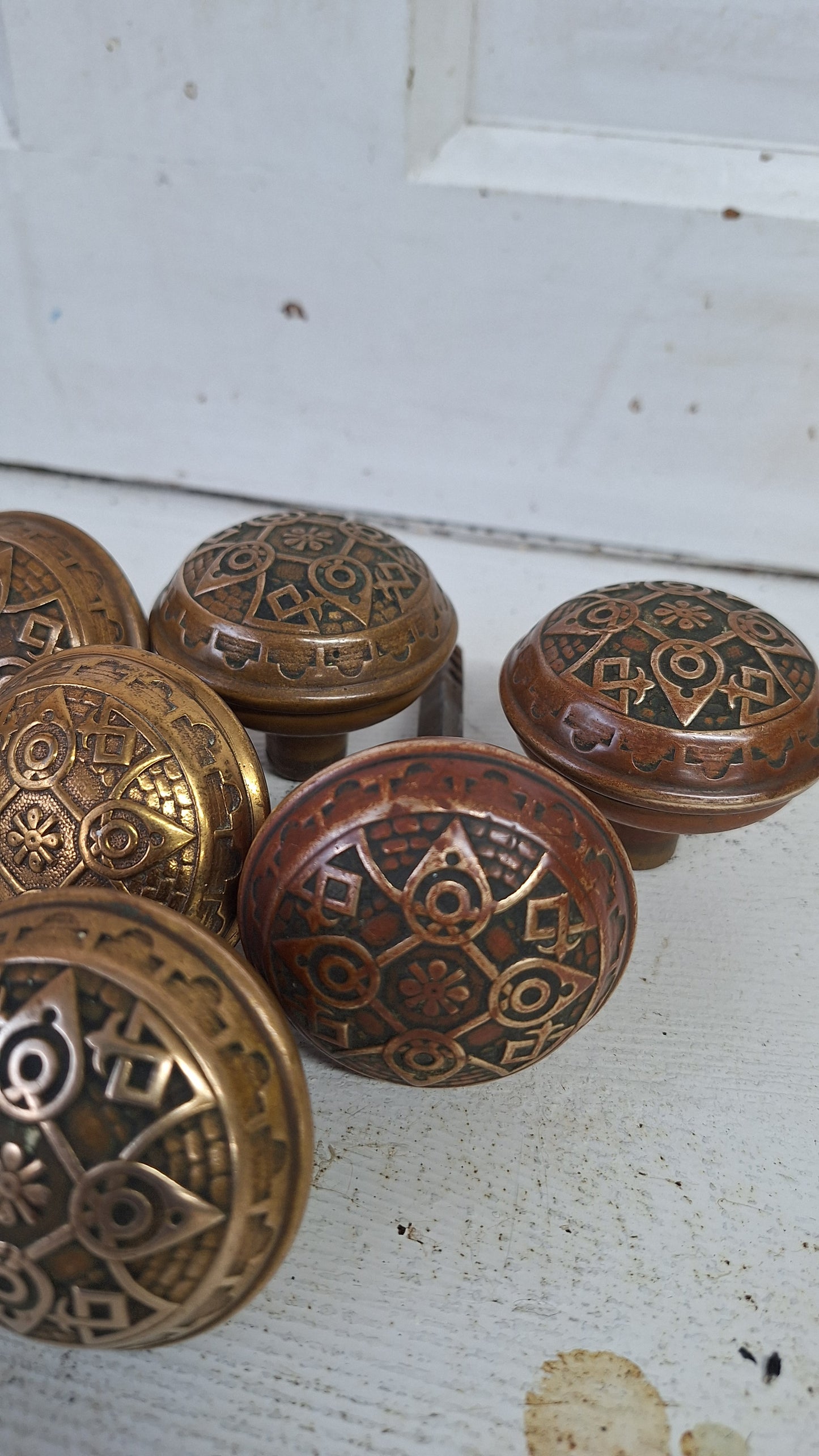 Pair of Wrought Bronze Norwalk Doorknobs, Two Ornate Bronze Doorknobs