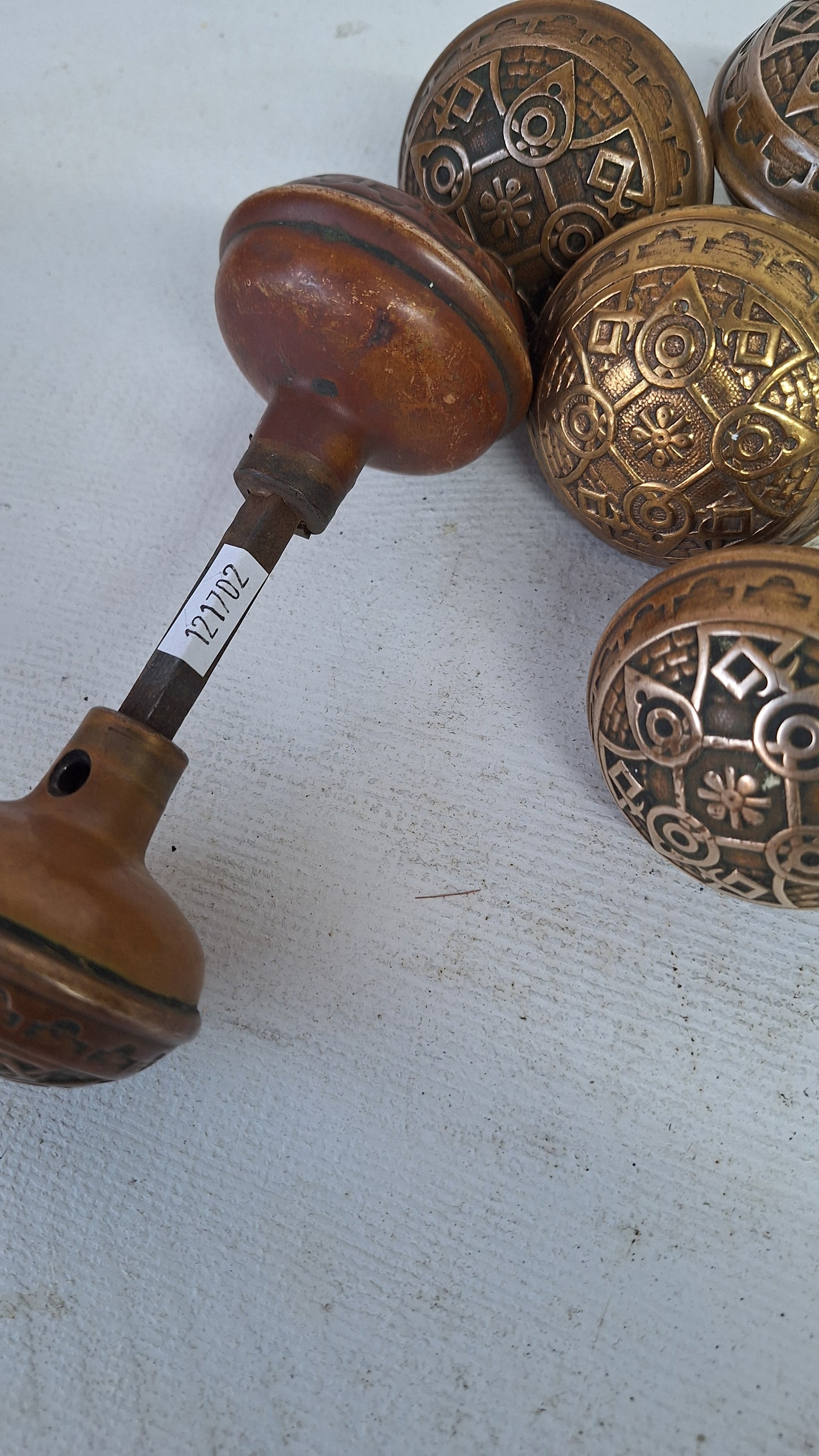 Pair of Wrought Bronze Norwalk Doorknobs, Two Ornate Bronze Doorknobs