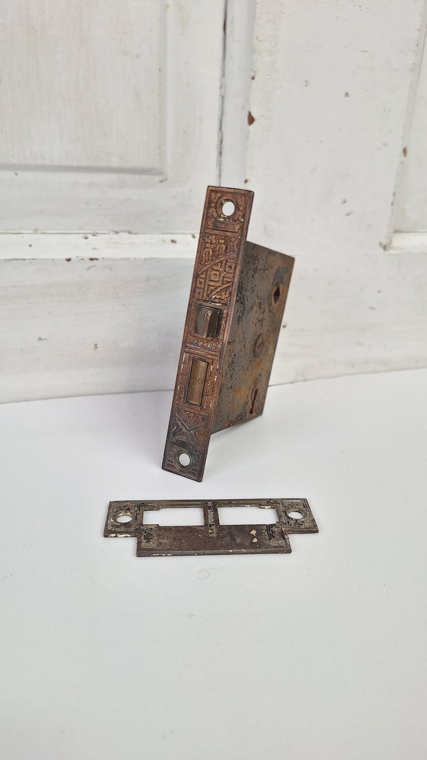 Ceylon Pattern Antique Mortise Lock, Victorian Door Lock with Strike Plate