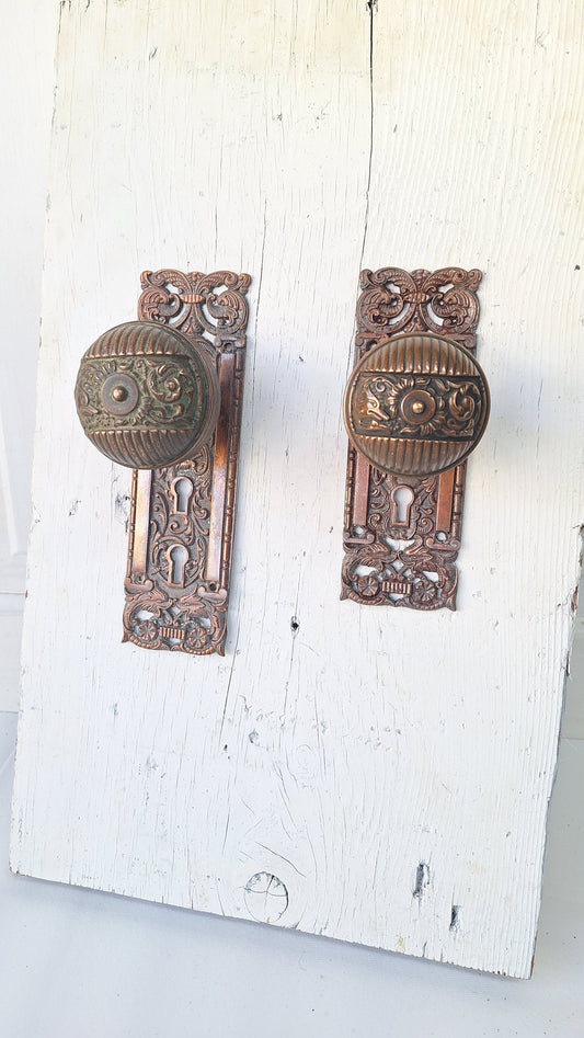 Reading Hardware Columbian Door Hardware Set, Figural Antique Bronze Knobs and Plates