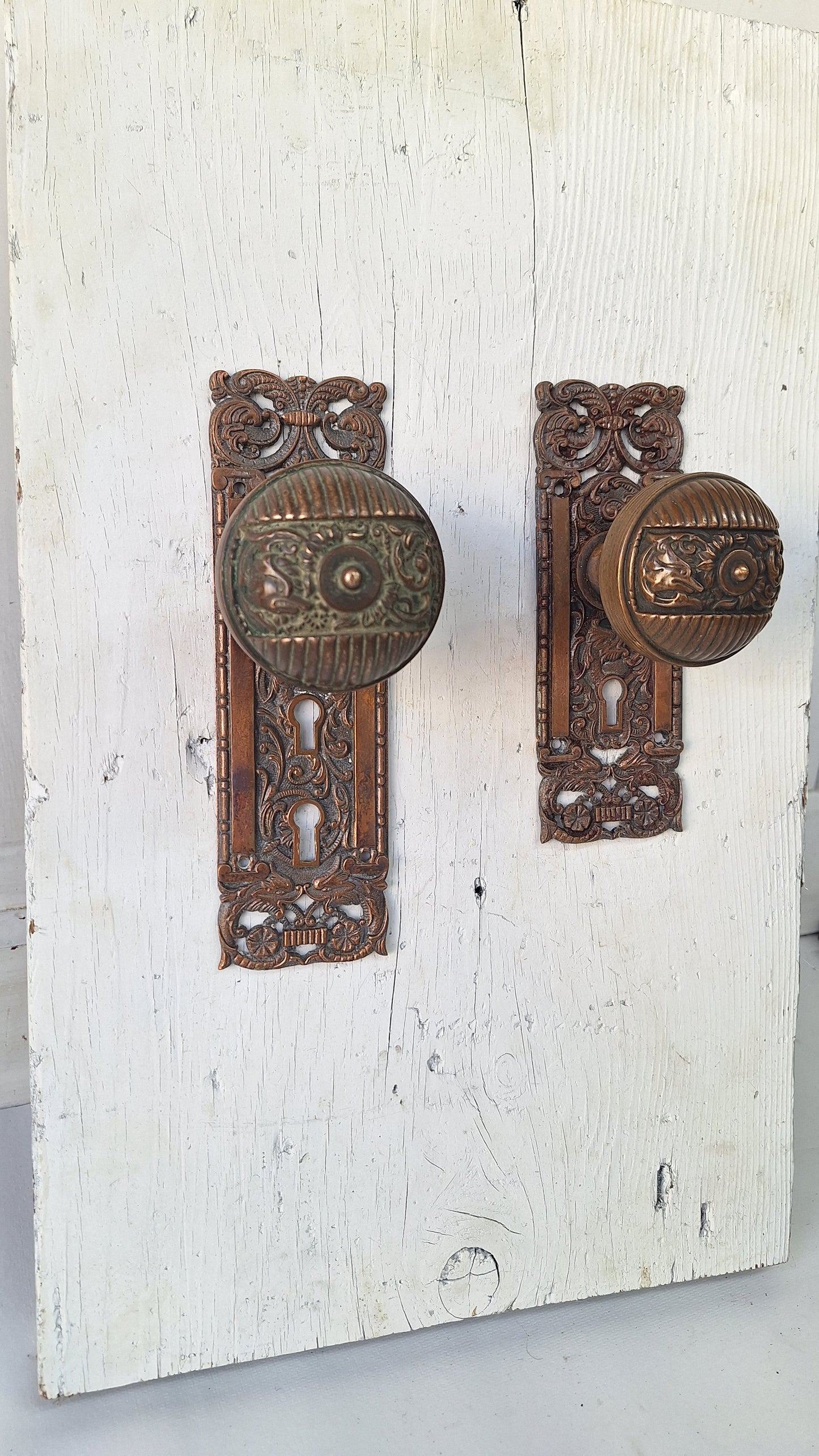Reading Hardware Columbian Door Hardware Set, Figural Antique Bronze Knobs and Plates