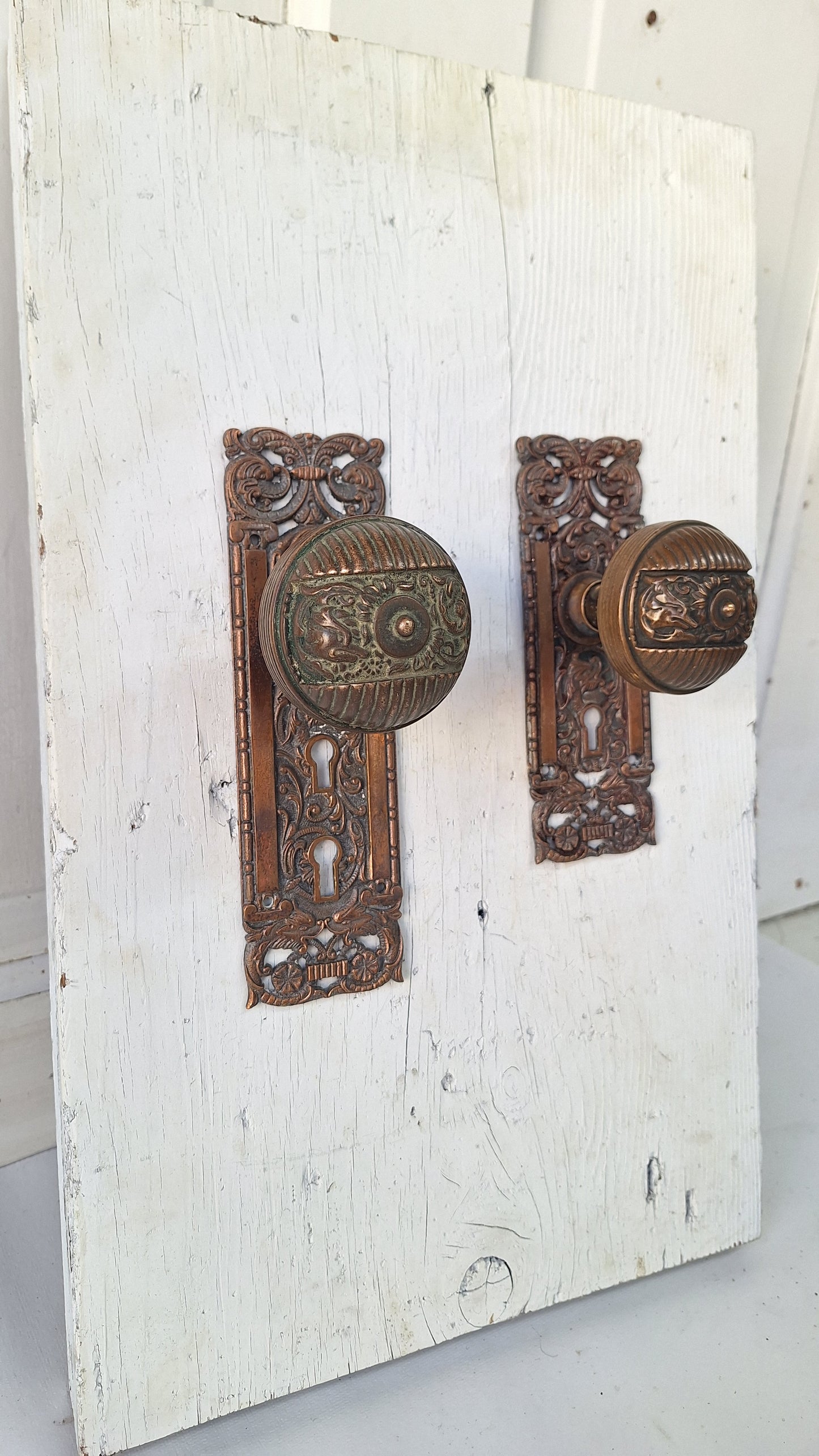 Reading Hardware Columbian Door Hardware Set, Figural Antique Bronze Knobs and Plates