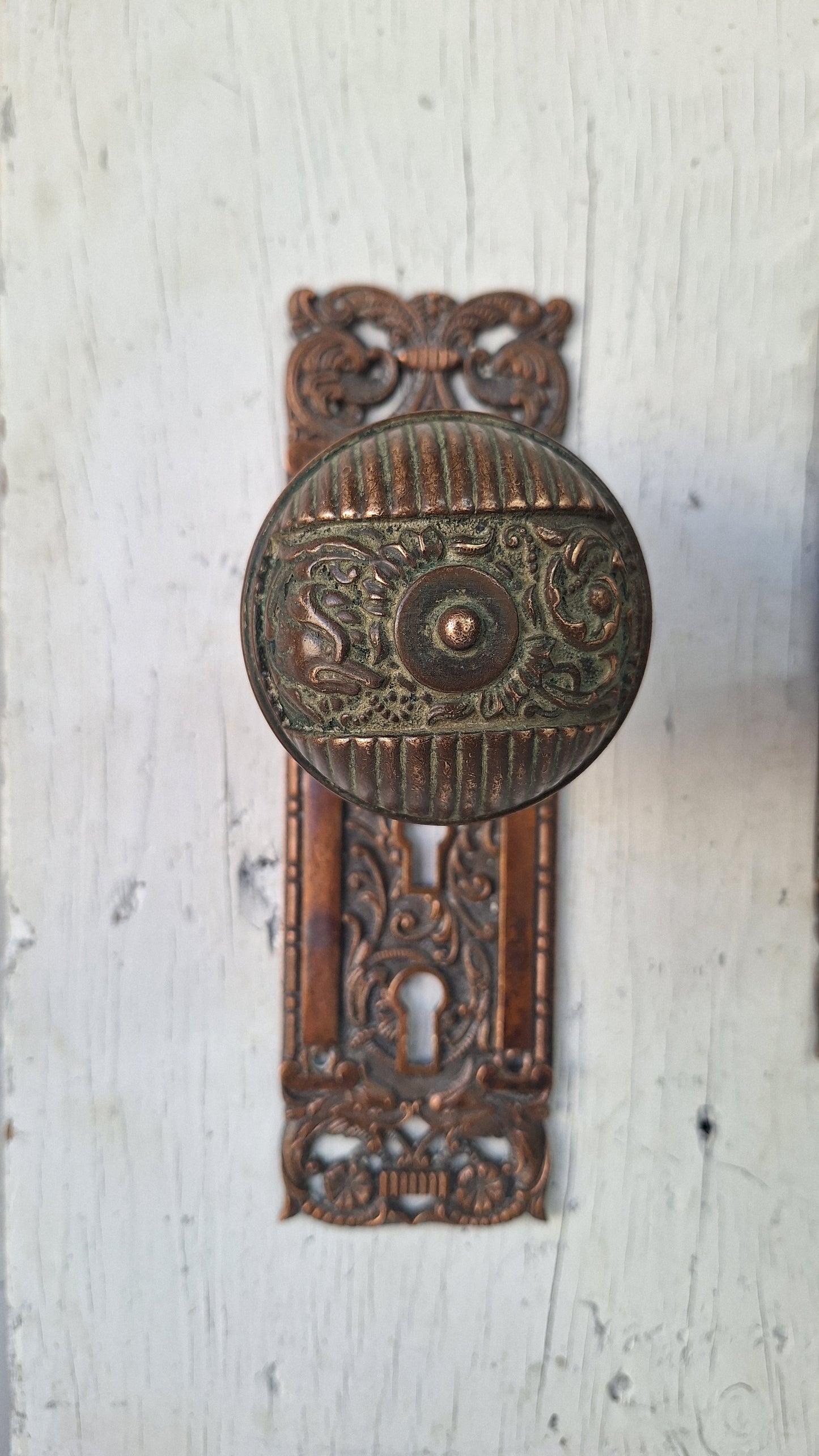 Reading Hardware Columbian Door Hardware Set, Figural Antique Bronze Knobs and Plates