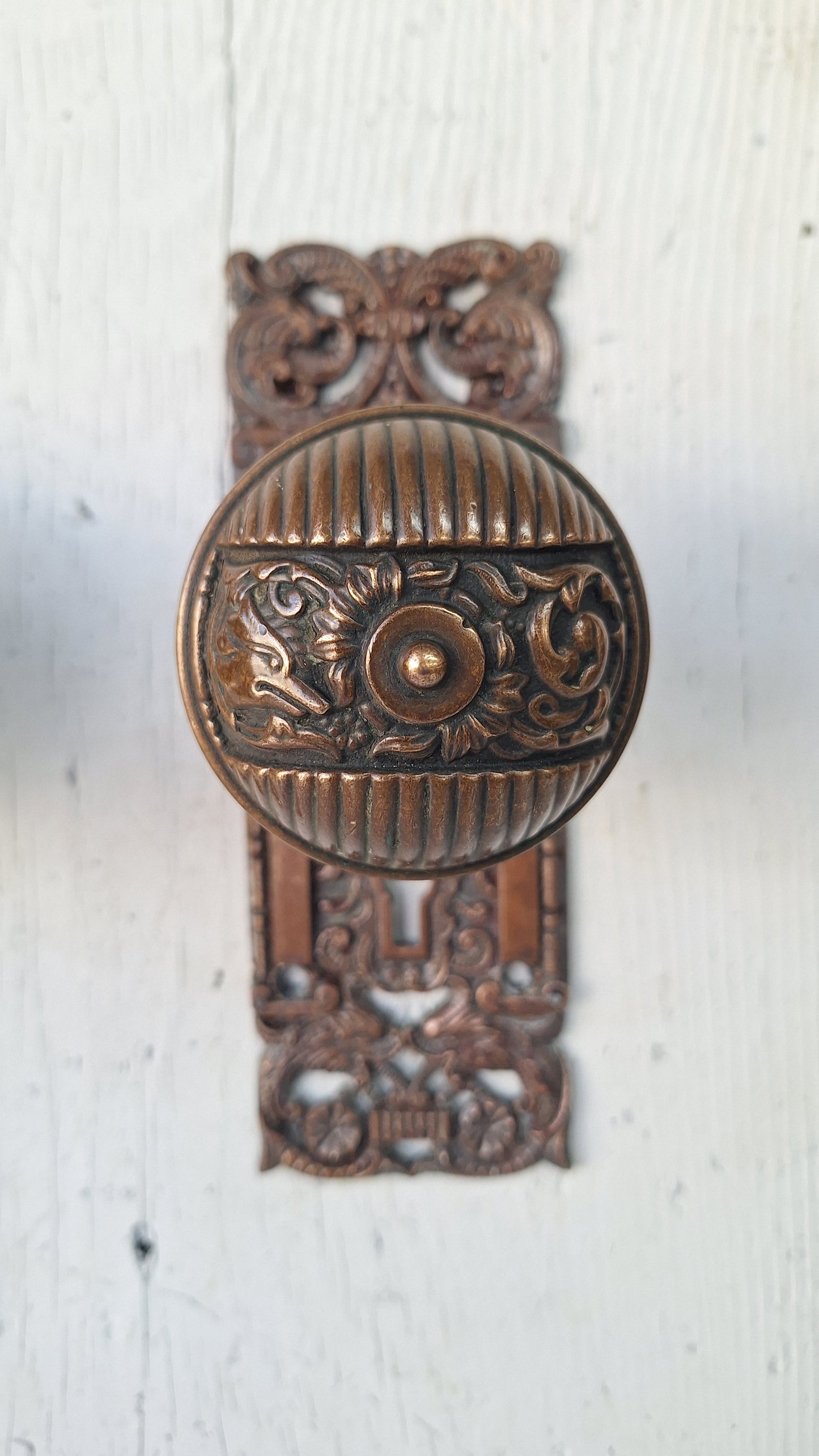Reading Hardware Columbian Door Hardware Set, Figural Antique Bronze Knobs and Plates