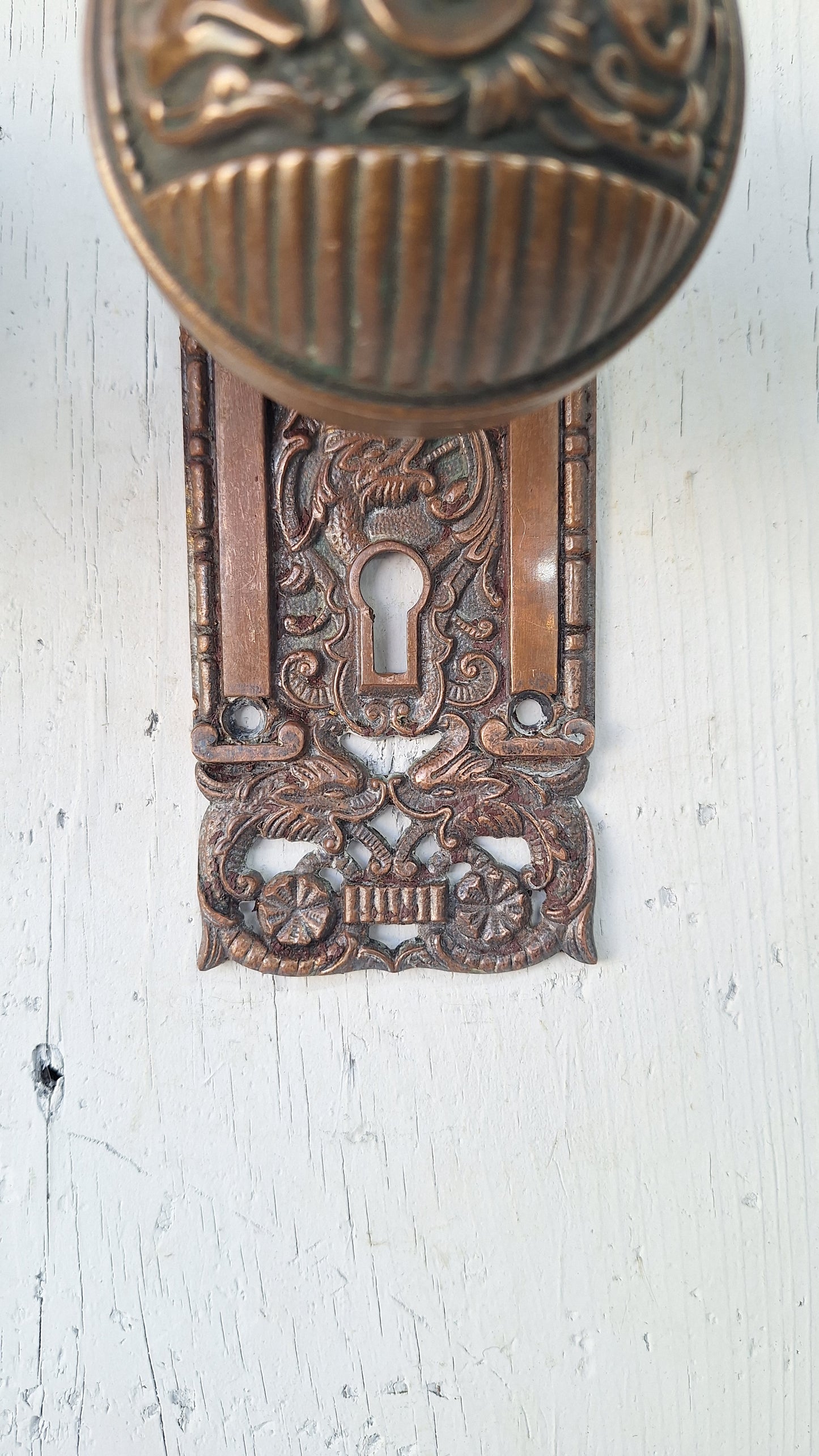 Reading Hardware Columbian Door Hardware Set, Figural Antique Bronze Knobs and Plates