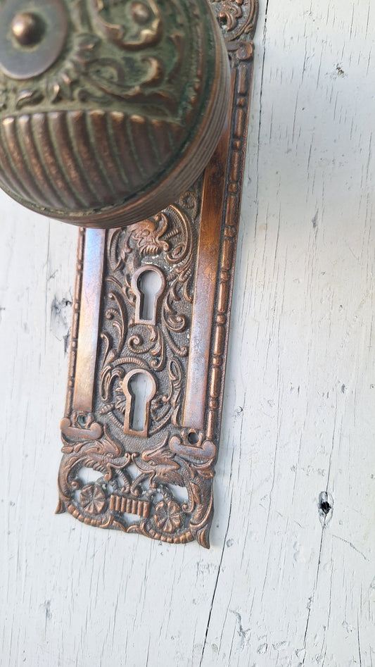 Reading Hardware Columbian Door Hardware Set, Figural Antique Bronze Knobs and Plates