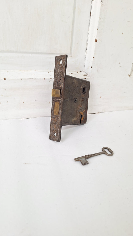 Antique Fancy Bronze Mortise Lock with Skeleton Key: Working Door Lock