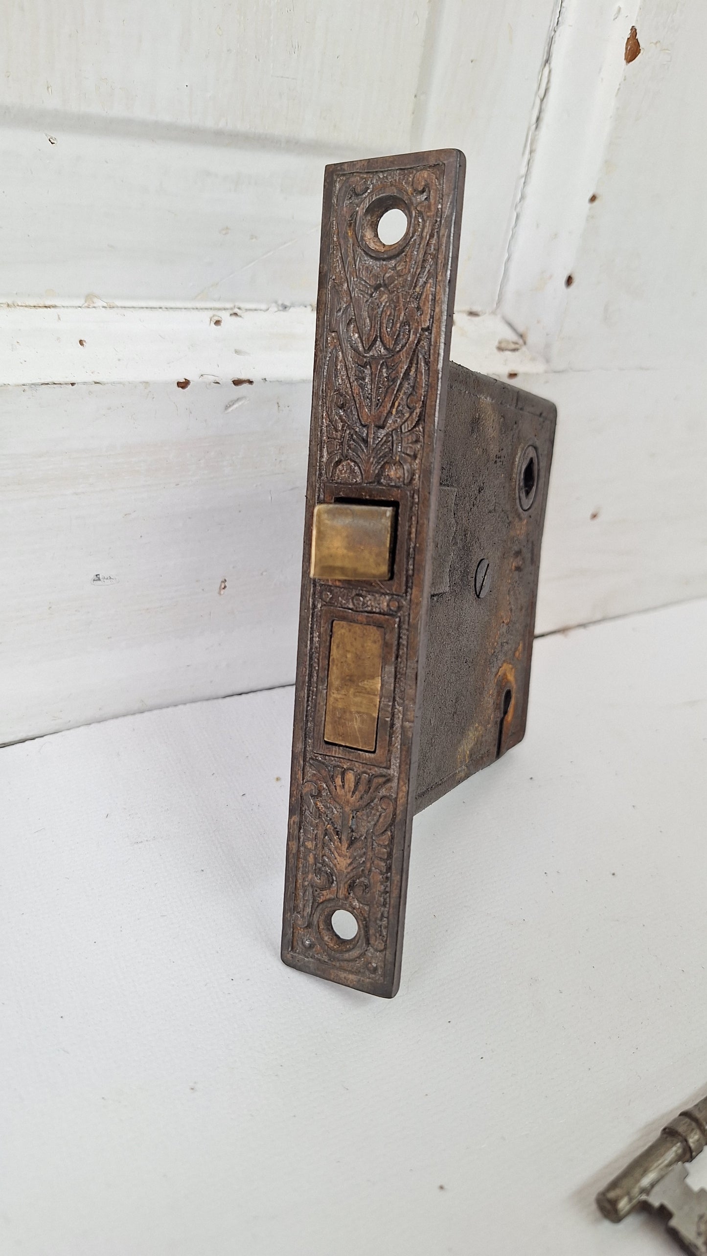 Antique Fancy Bronze Mortise Lock with Skeleton Key: Working Door Lock