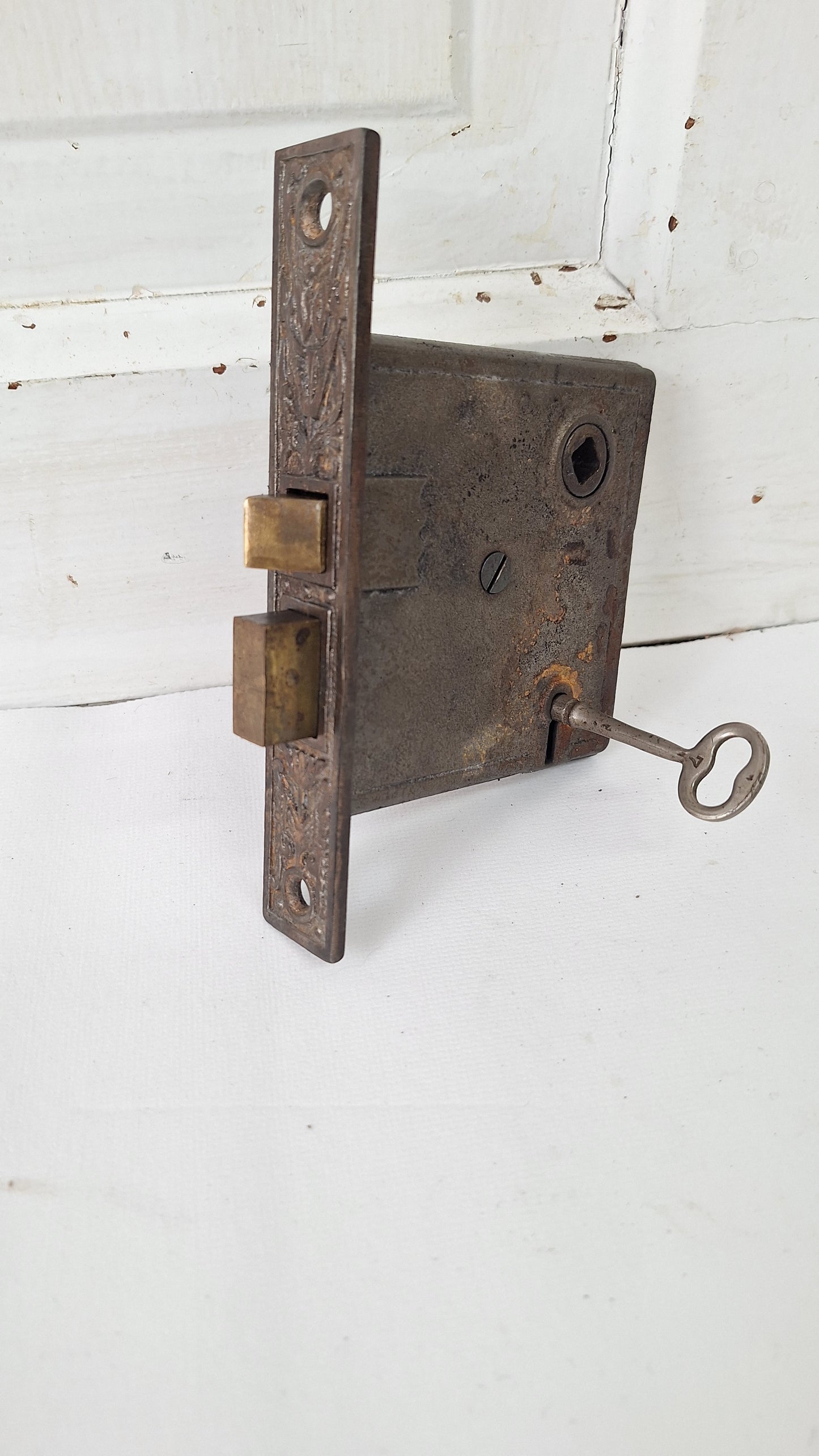 Antique Fancy Bronze Mortise Lock with Skeleton Key: Working Door Lock