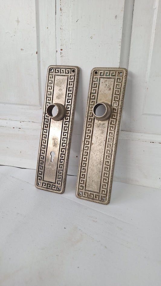 Yale Silver Antique Door Plate Set, Silver Backplates with Greek Key Design