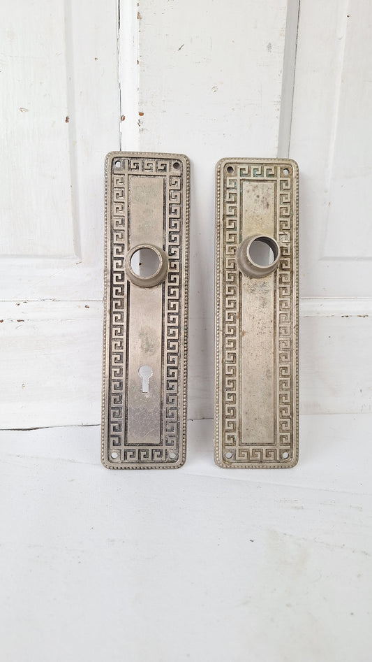 Yale Silver Antique Door Plate Set, Silver Backplates with Greek Key Design