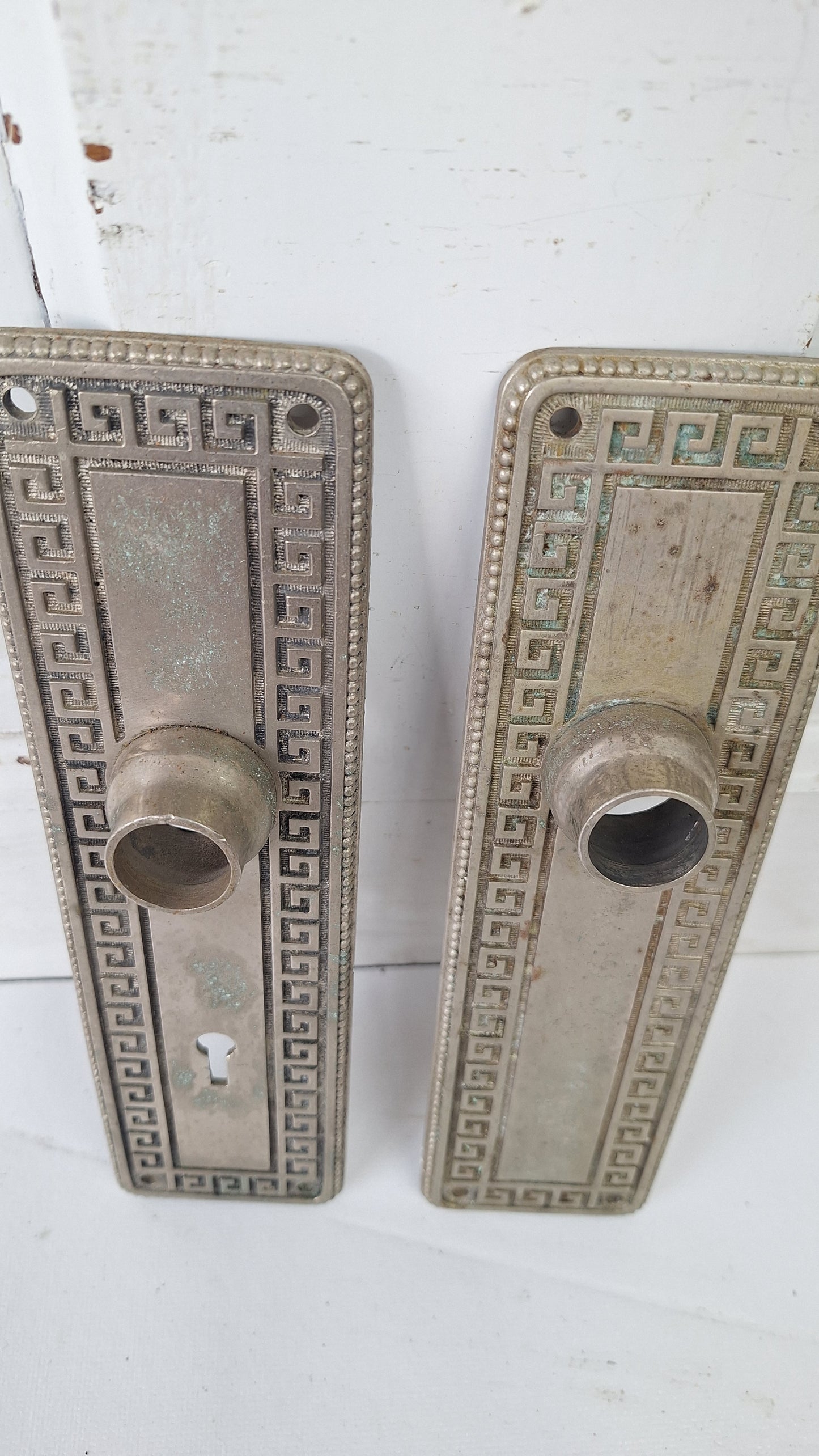 Yale Silver Antique Door Plate Set, Silver Backplates with Greek Key Design