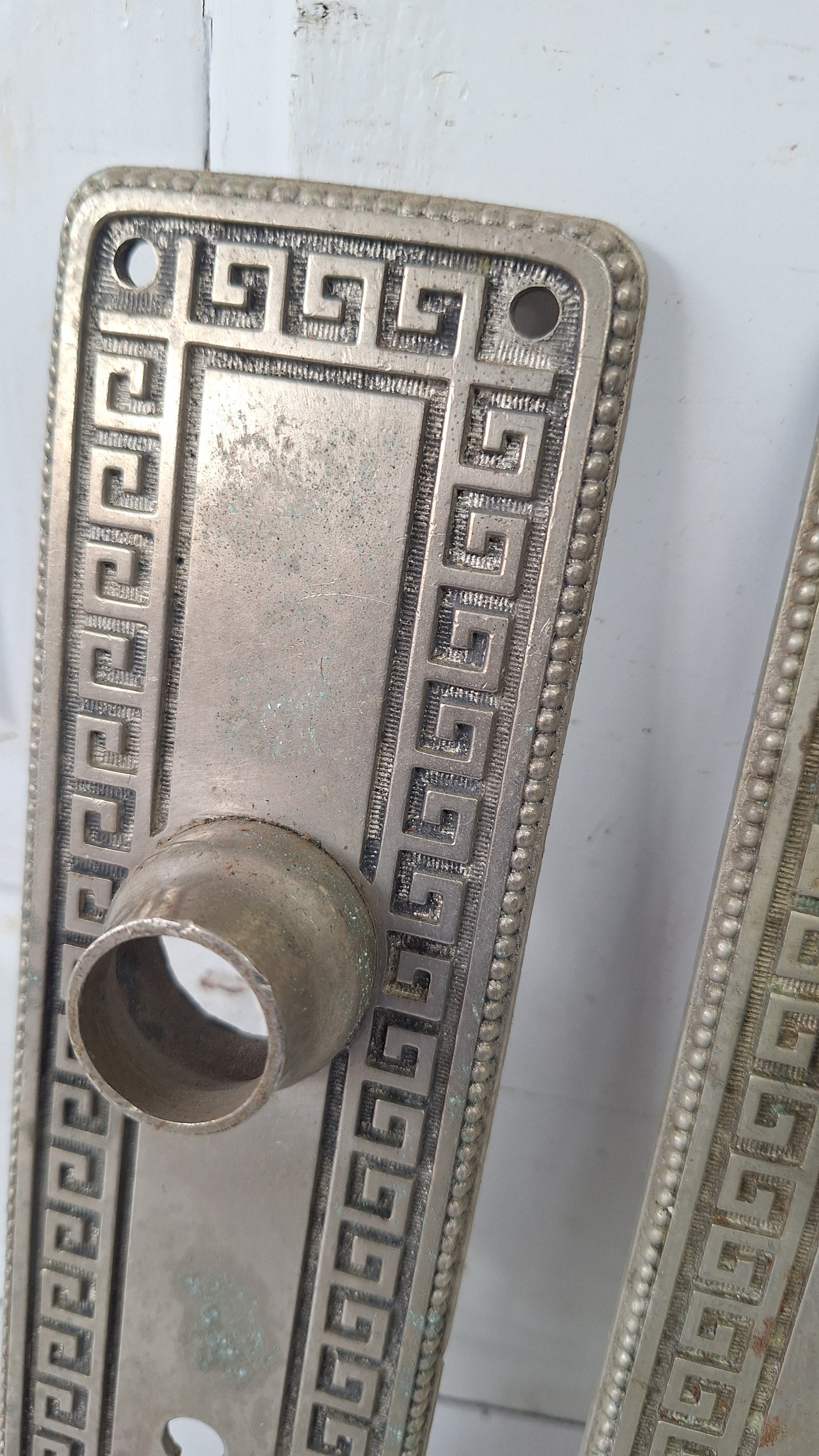 Yale Silver Antique Door Plate Set, Silver Backplates with Greek Key Design