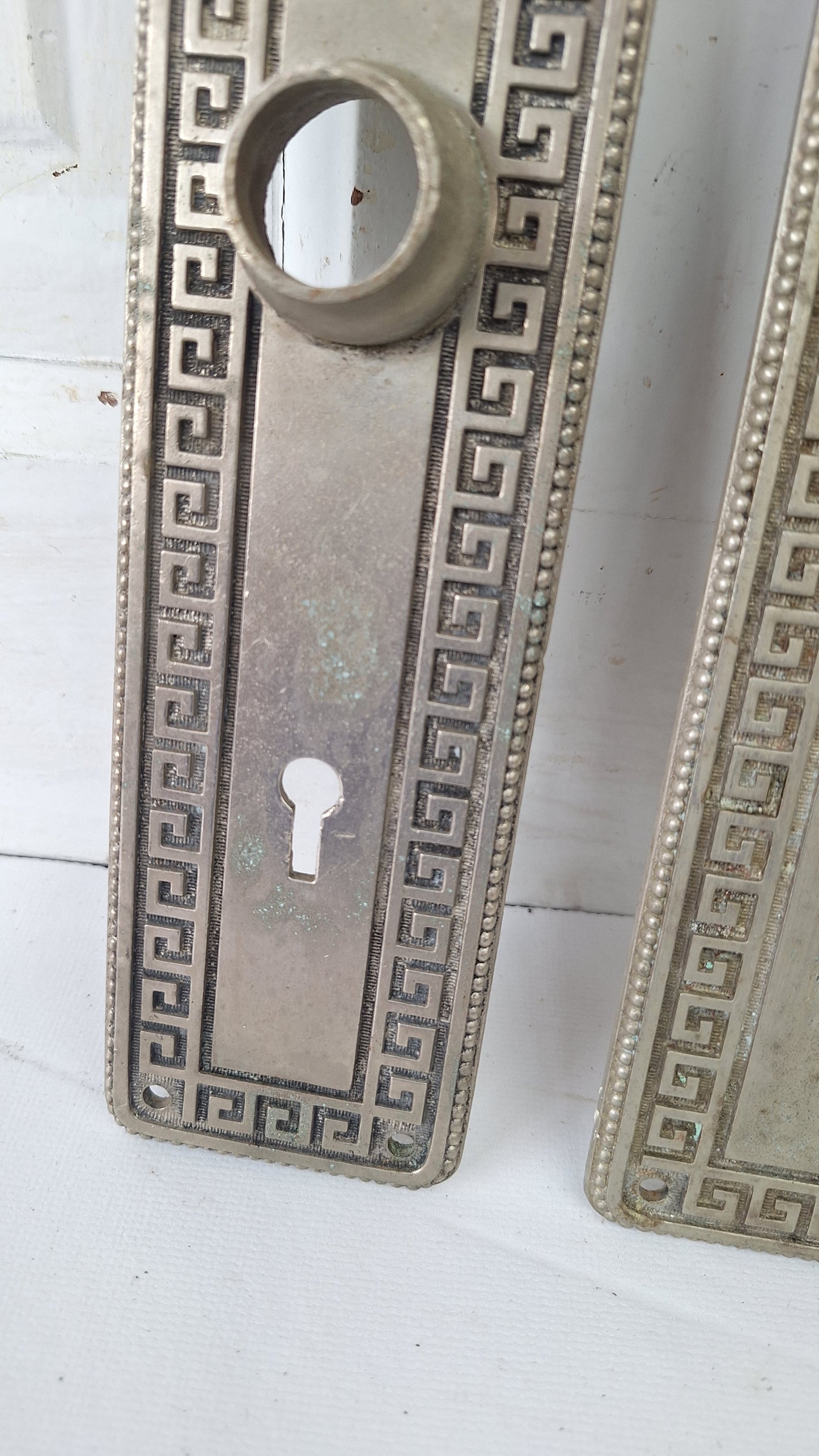Yale Silver Antique Door Plate Set, Silver Backplates with Greek Key Design
