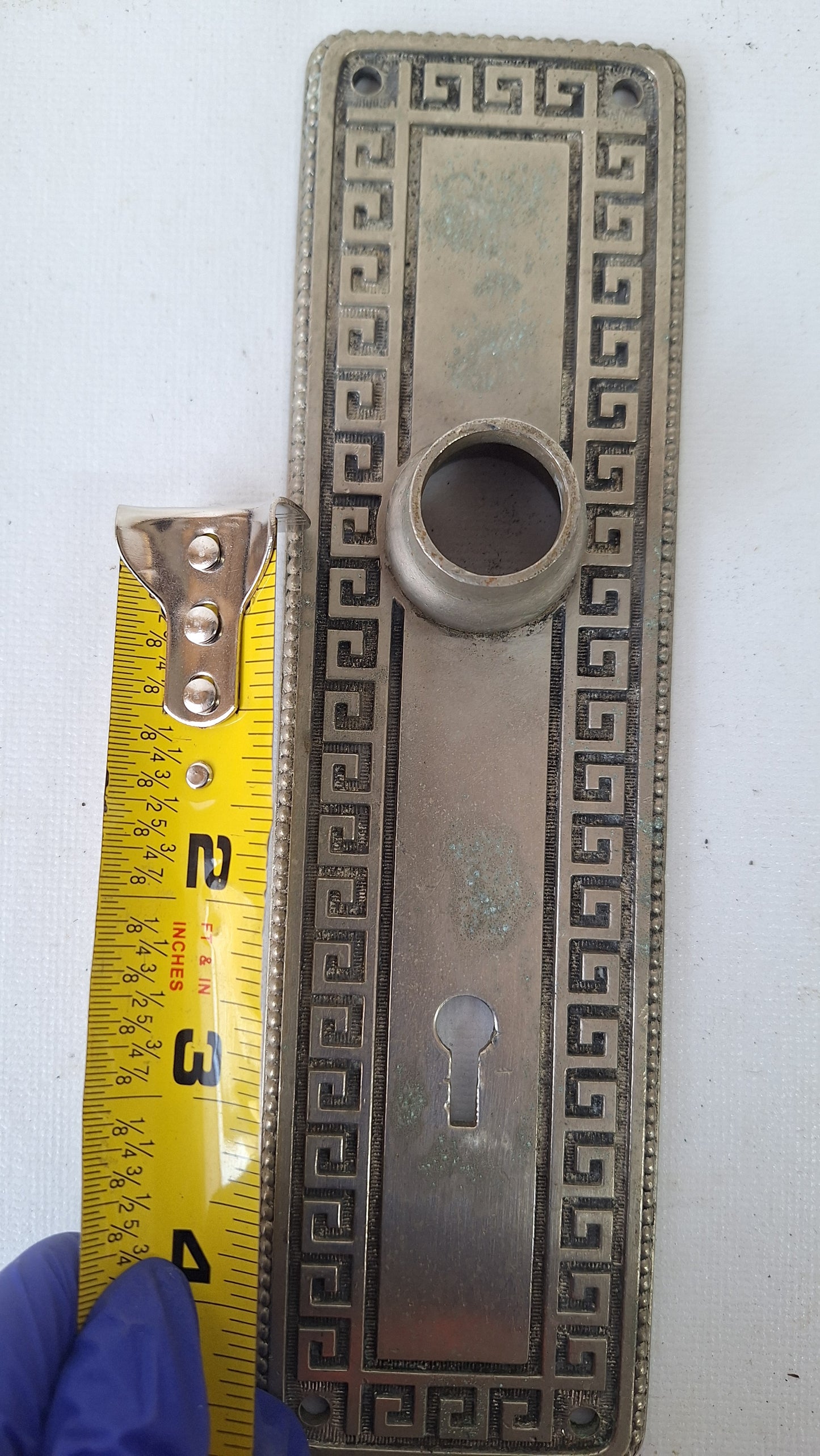 Yale Silver Antique Door Plate Set, Silver Backplates with Greek Key Design