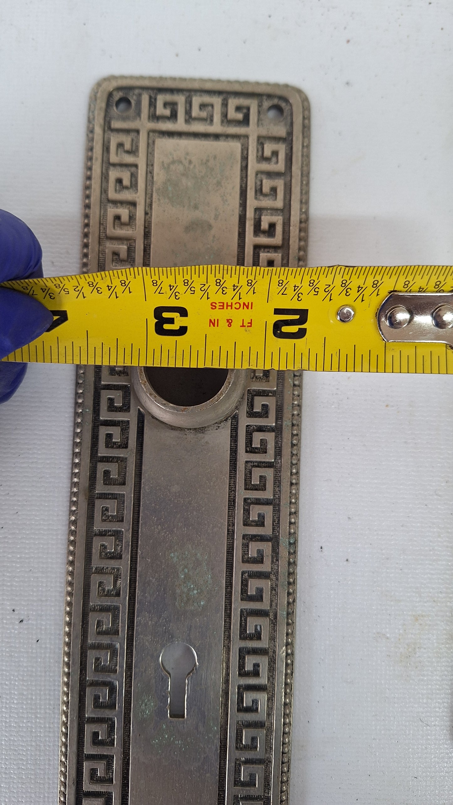 Yale Silver Antique Door Plate Set, Silver Backplates with Greek Key Design