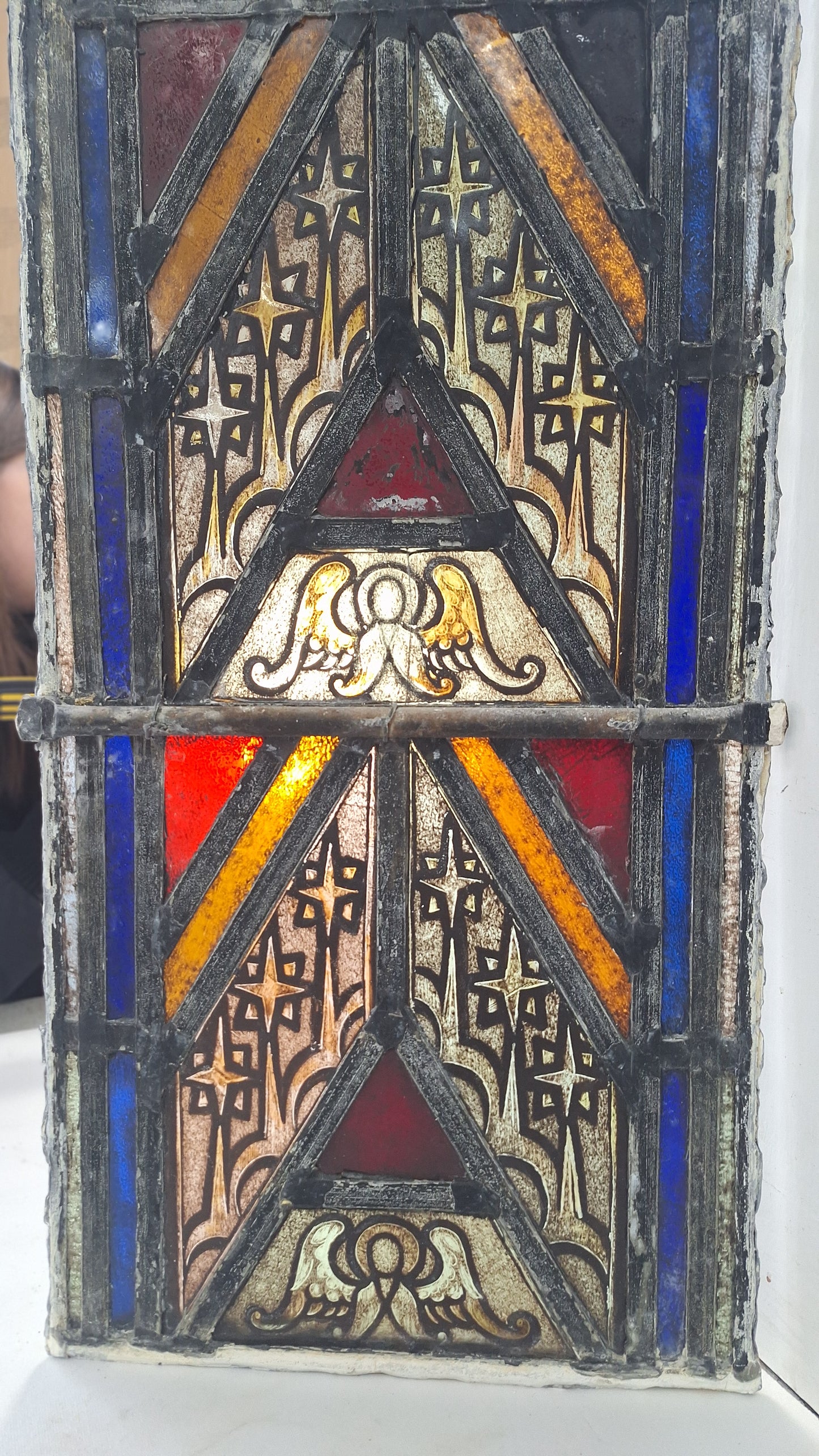 Painted Angel and Star Design Antique Stained Glass, Vintage Church Window