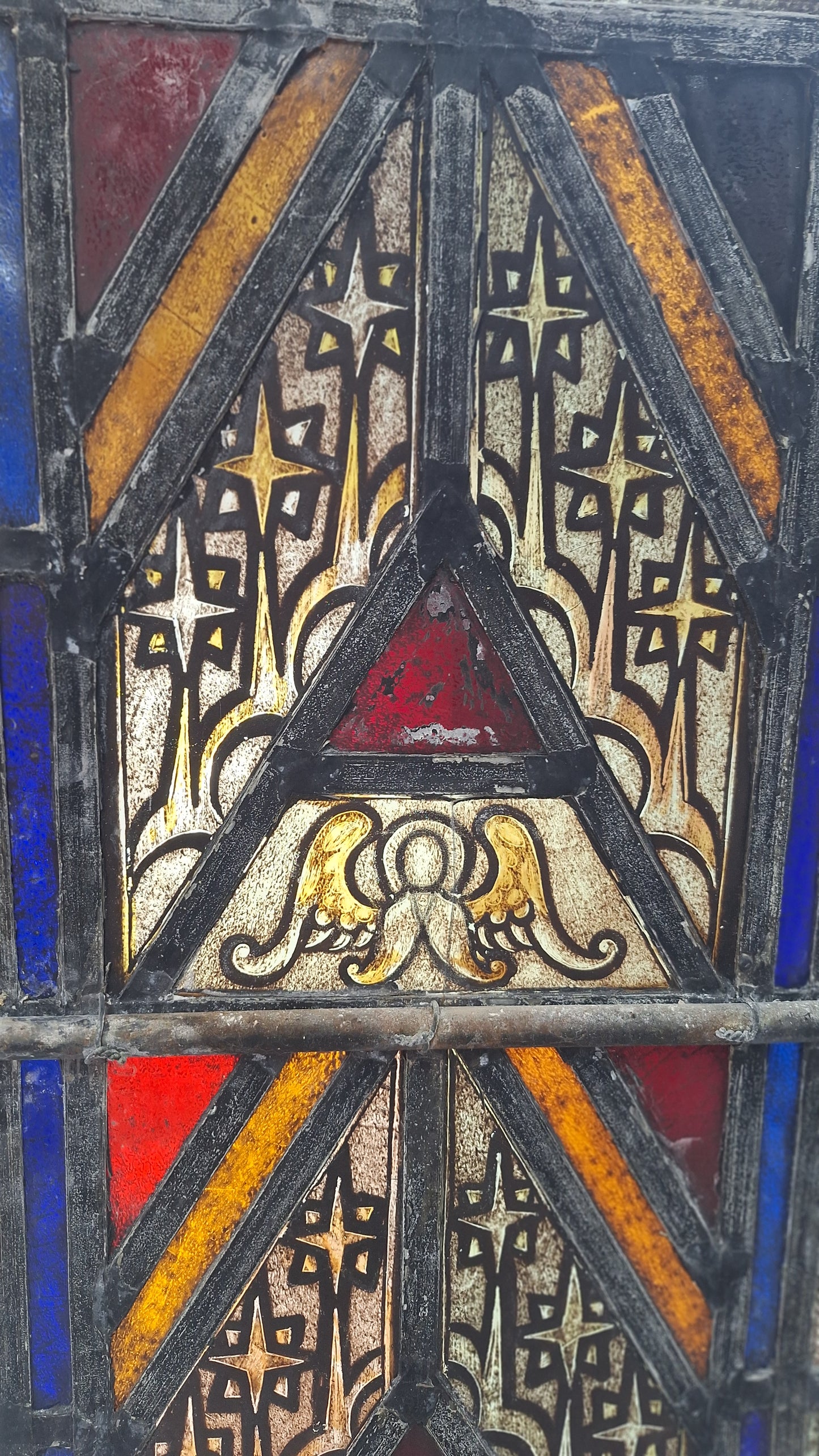 Painted Angel and Star Design Antique Stained Glass, Vintage Church Window