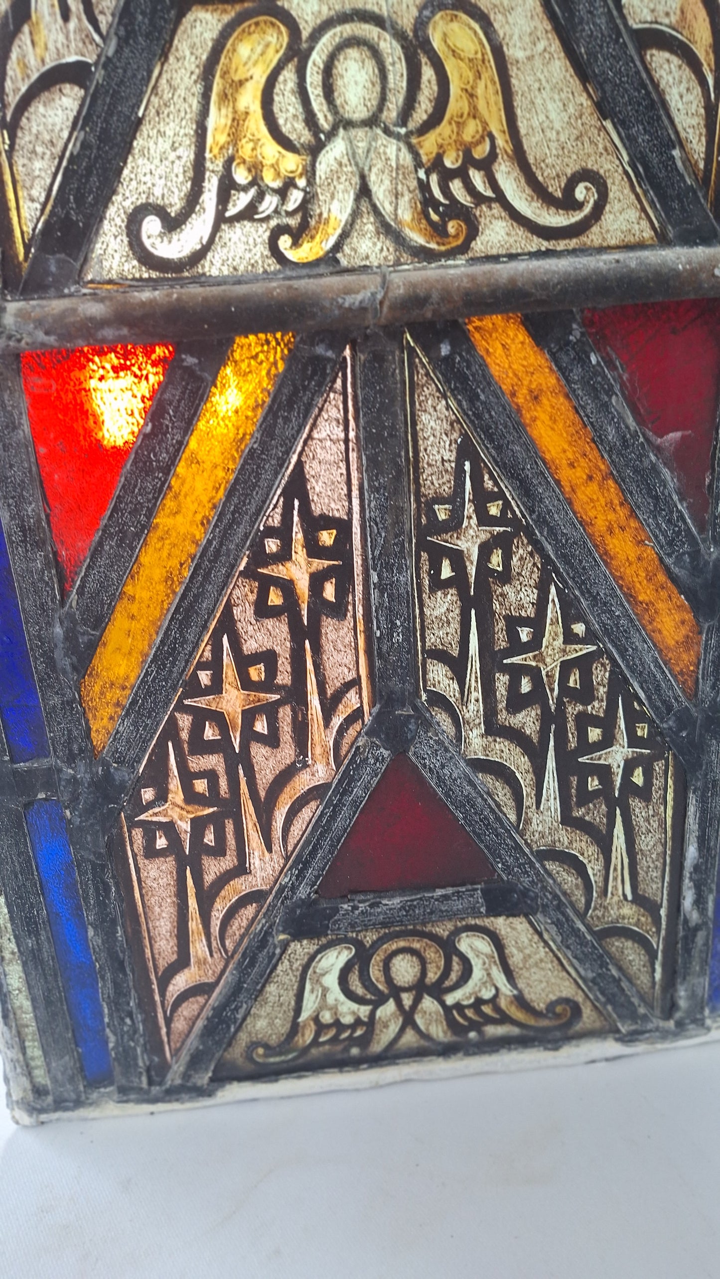 Painted Angel and Star Design Antique Stained Glass, Vintage Church Window