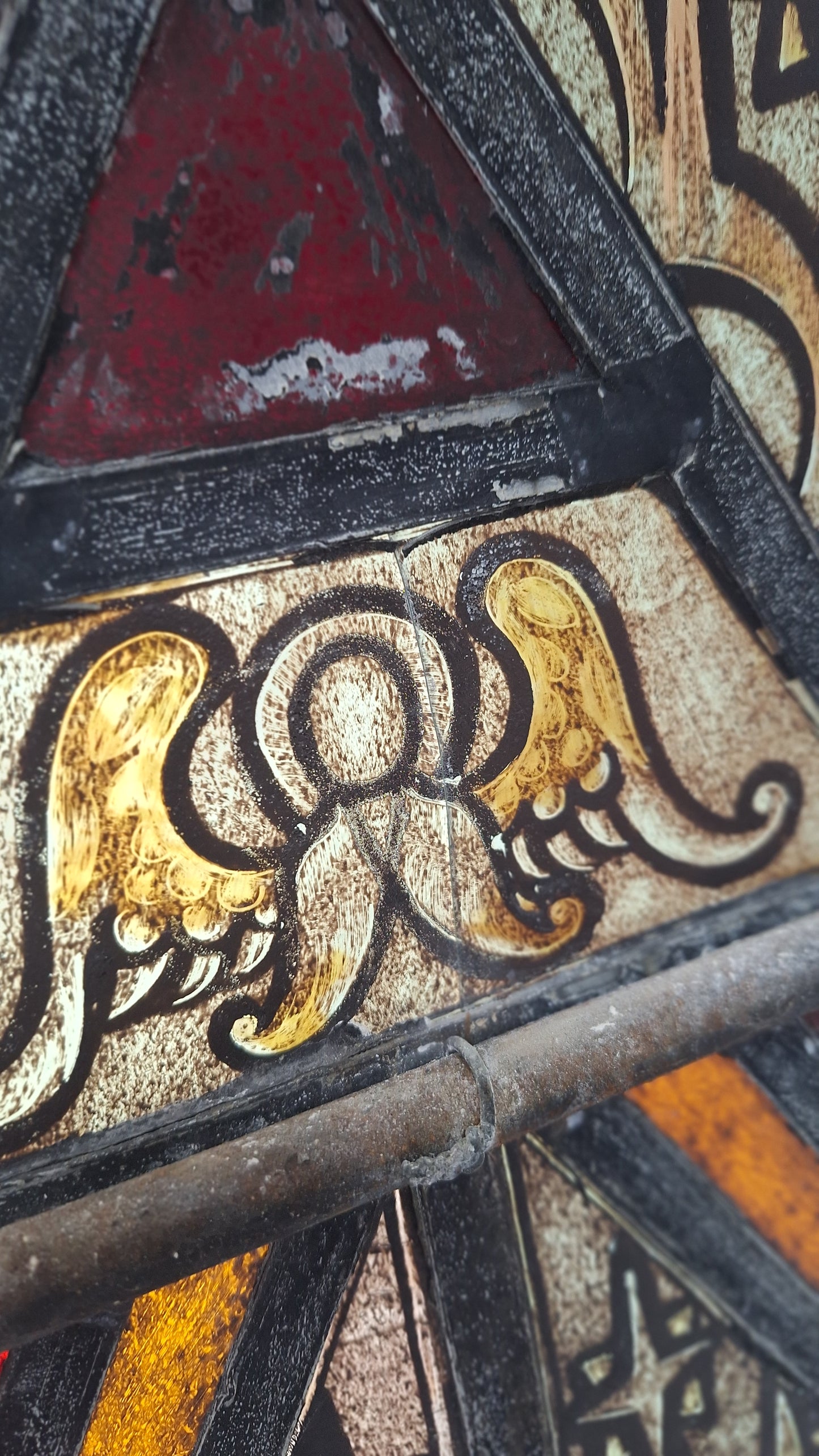 Painted Angel and Star Design Antique Stained Glass, Vintage Church Window