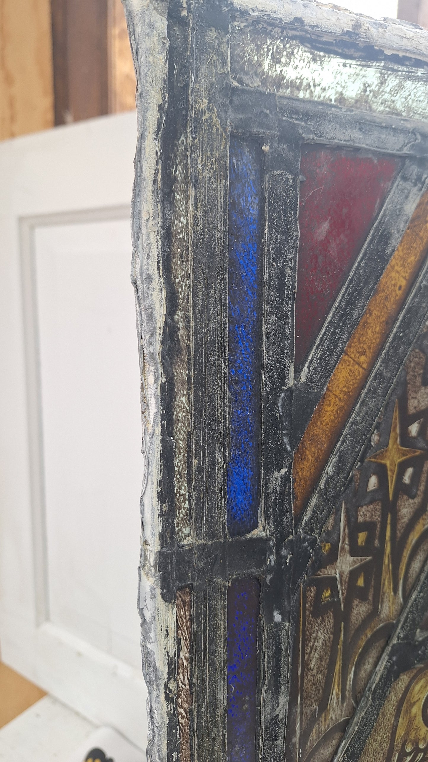 Painted Angel and Star Design Antique Stained Glass, Vintage Church Window