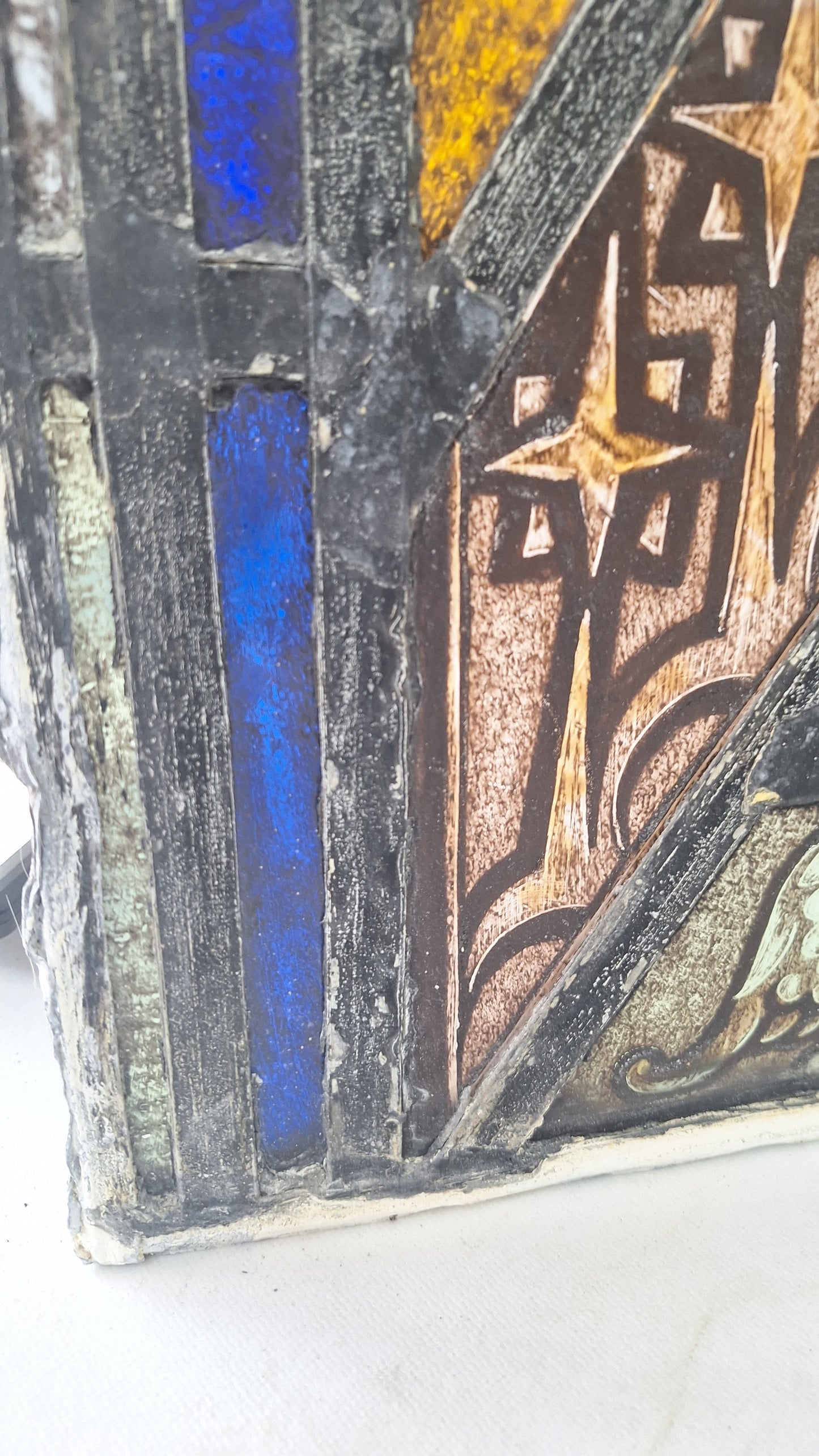 Painted Angel and Star Design Antique Stained Glass, Vintage Church Window