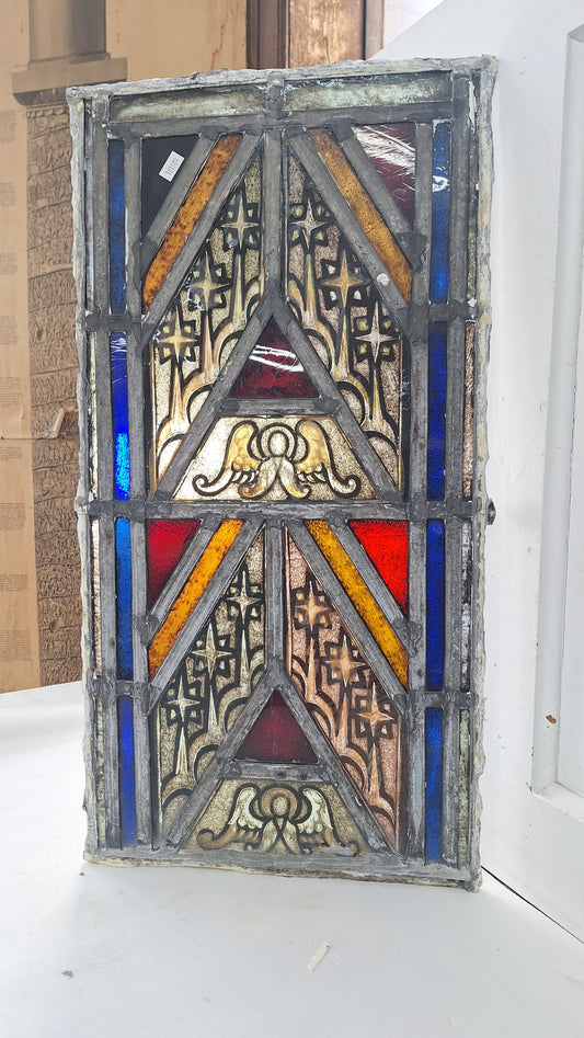 Painted Angel and Star Design Antique Stained Glass, Vintage Church Window