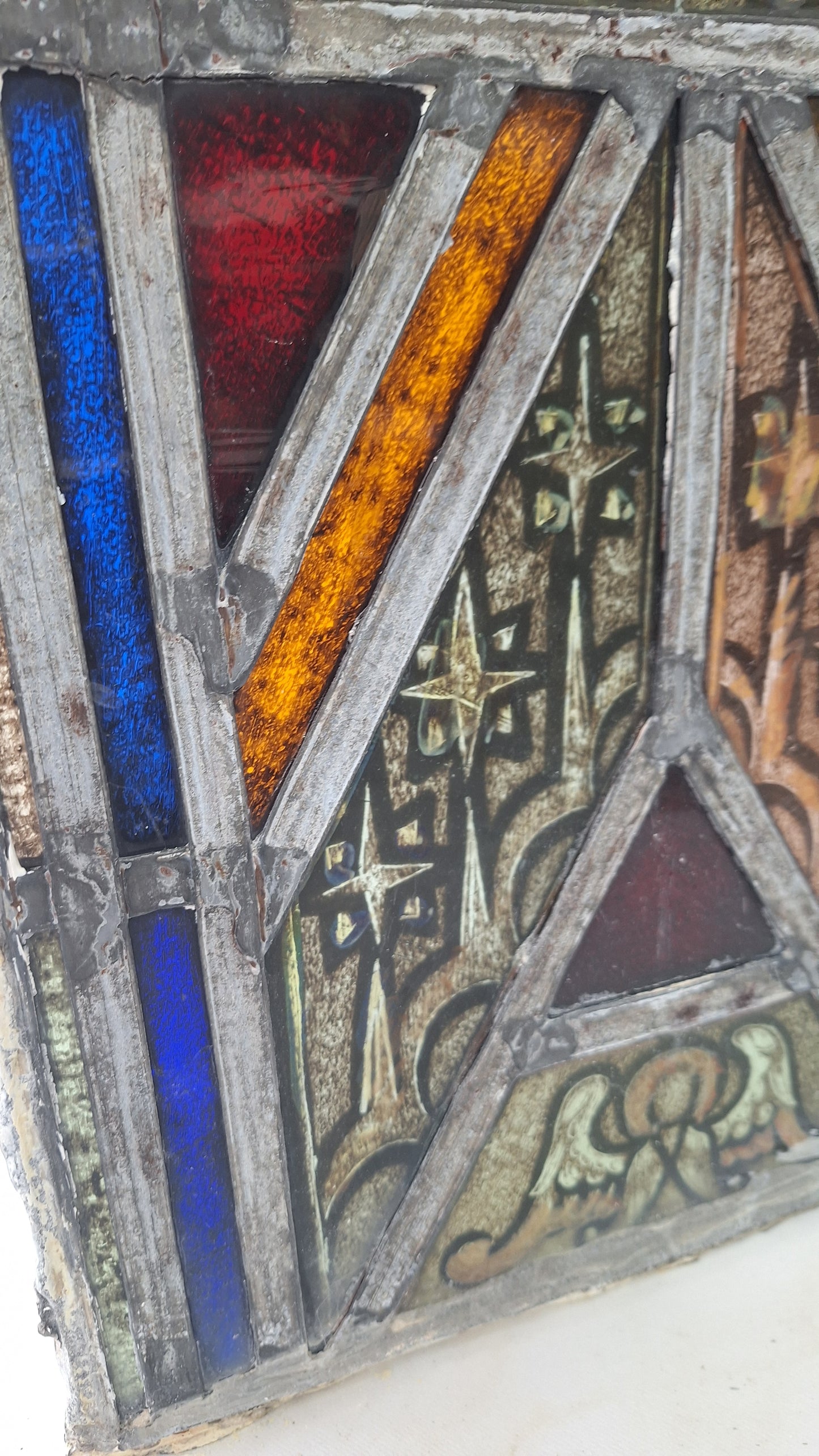 Painted Angel and Star Design Antique Stained Glass, Vintage Church Window