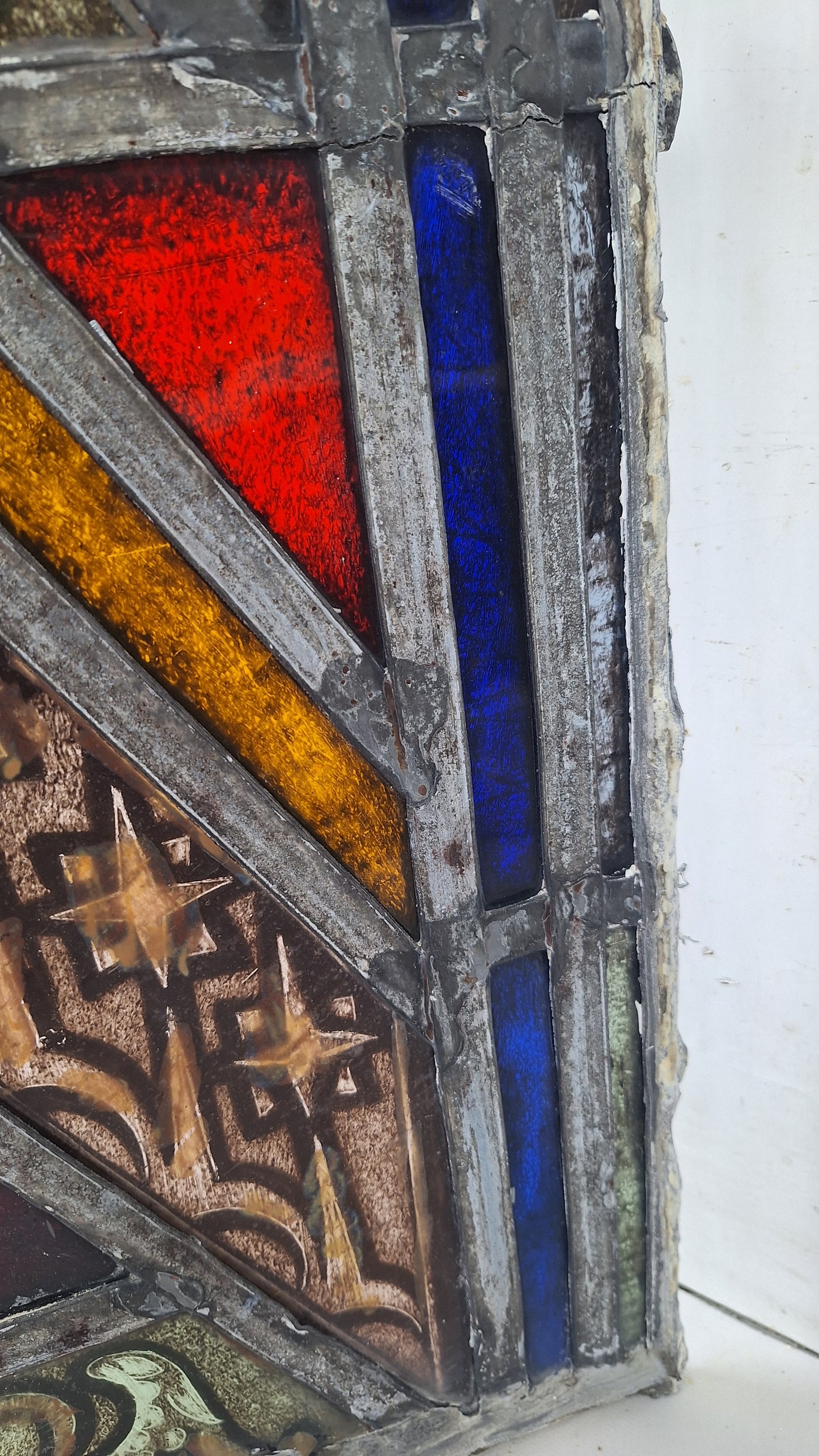 Painted Angel and Star Design Antique Stained Glass, Vintage Church Window