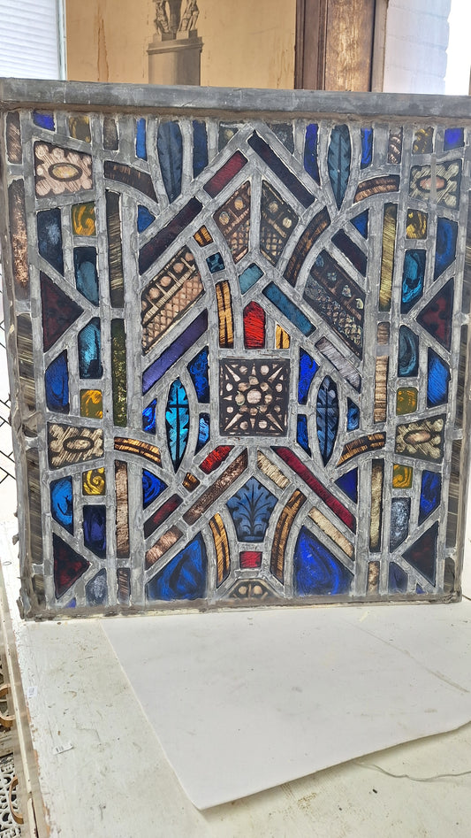 Square Gothic Style Antique Stained Glass, Vintage Church Windows