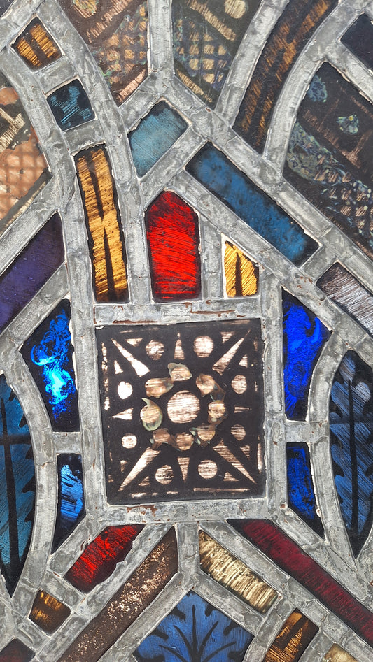 Square Gothic Style Antique Stained Glass, Vintage Church Windows