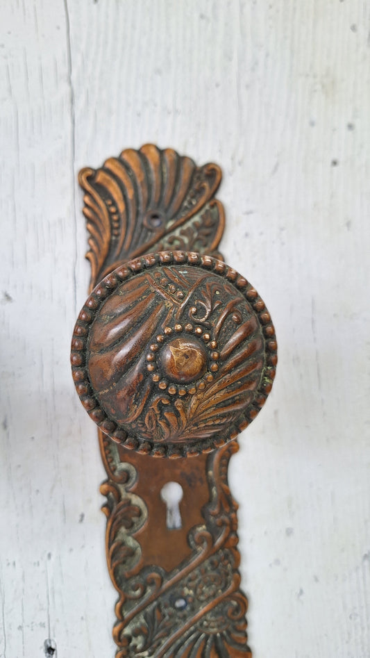 Roanoke Antique Door Hardware, Ornate Victorian Stamped Bronze Doorknobs Plates