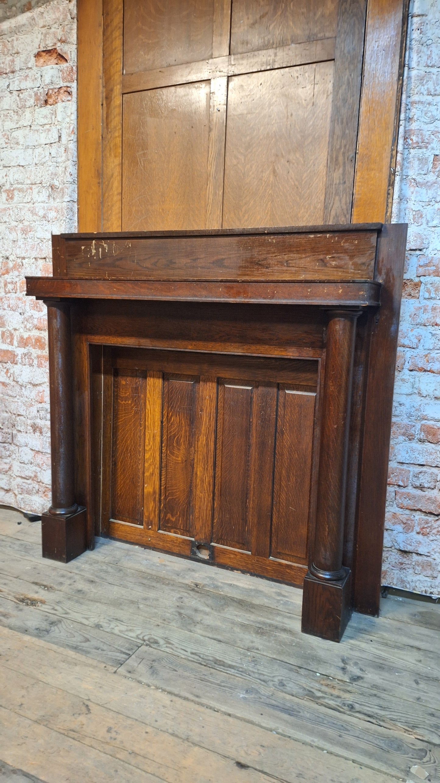 Antique Quarter Sawn Oak Fireplace Mantle, Fireplace Surround with Columns